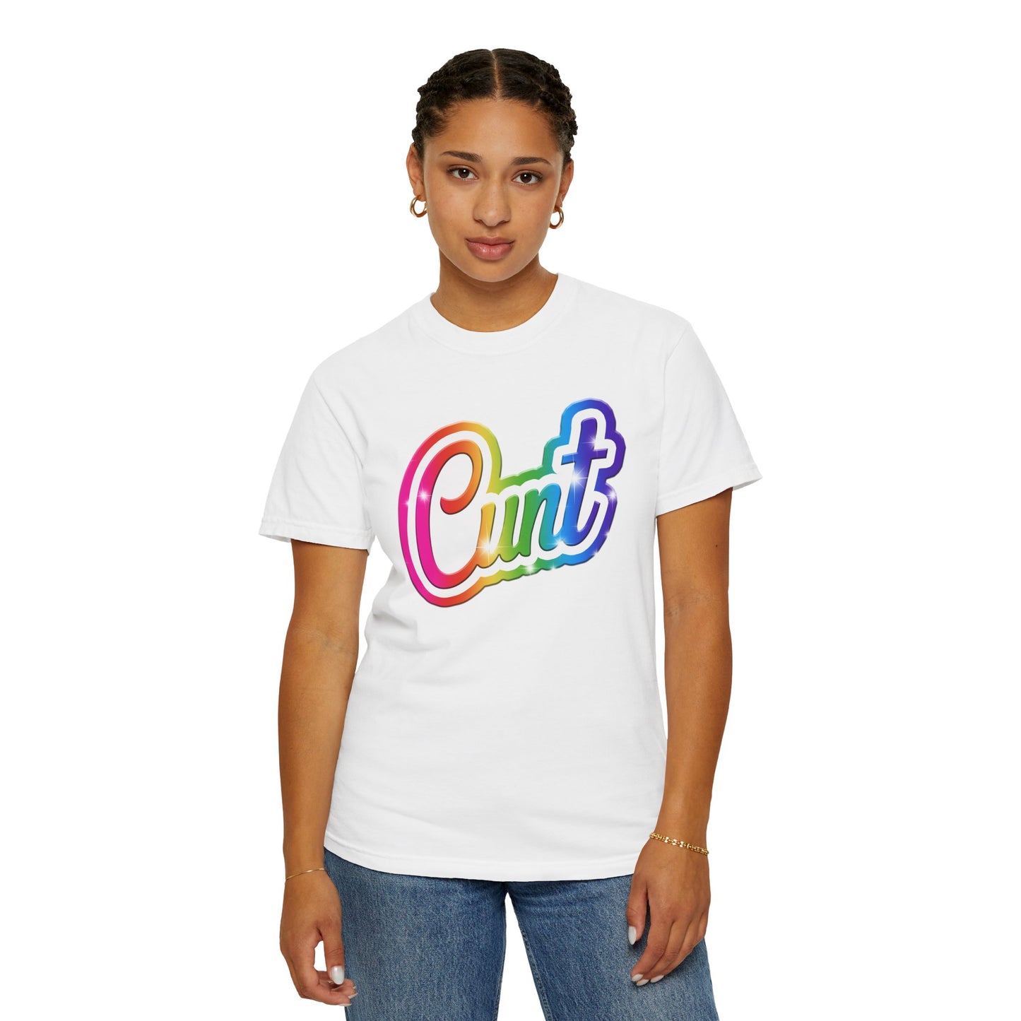 Unisex T-shirt with rainbow Lisa Frank style Cunt lettering.