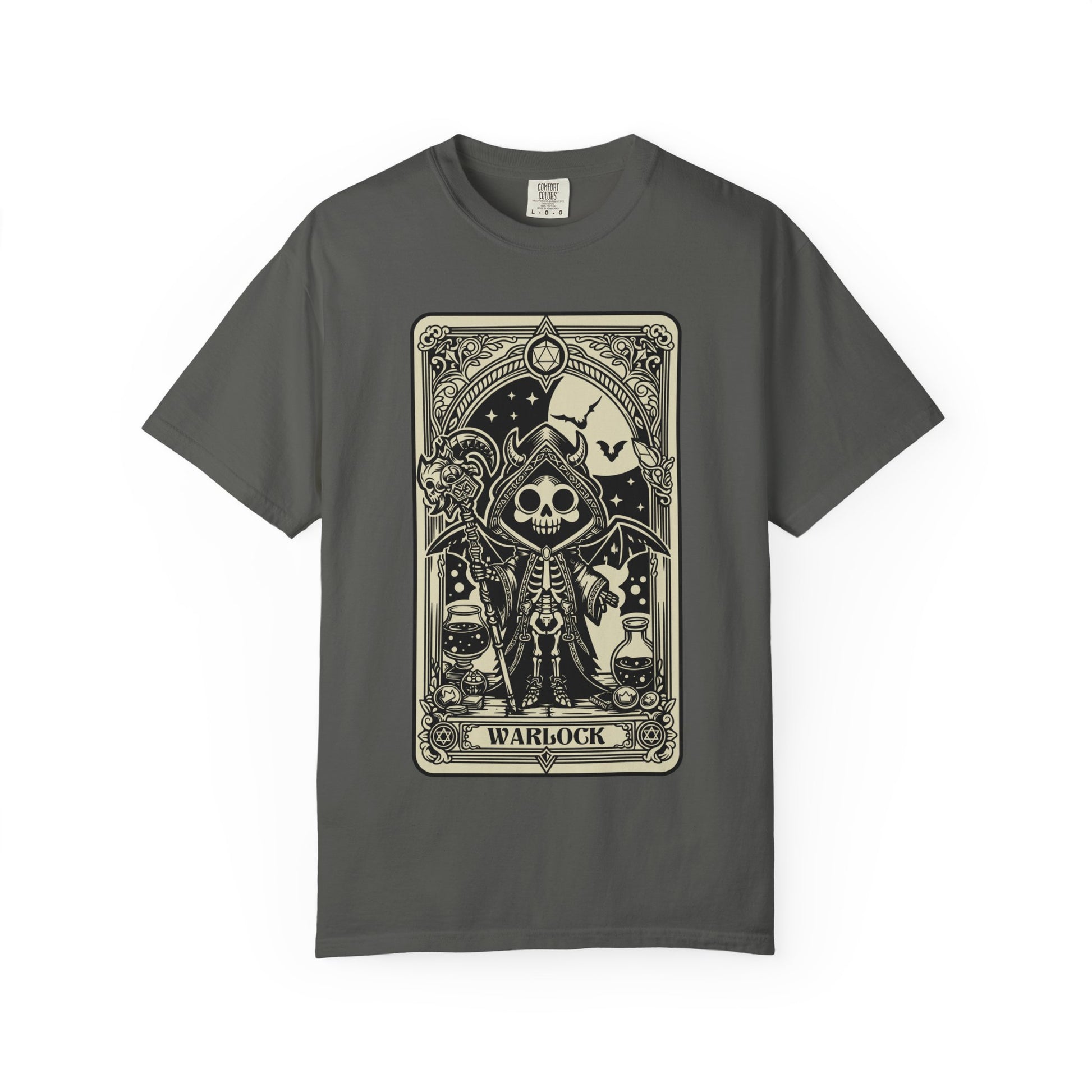 Gray t-shirt with a skeleton card design labeled 'Warlock' on a white background