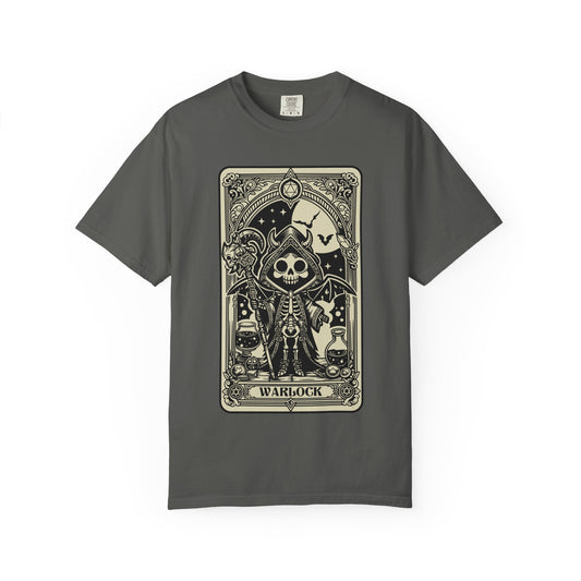 Gray t-shirt with a skeleton card design labeled 'Warlock' on a white background