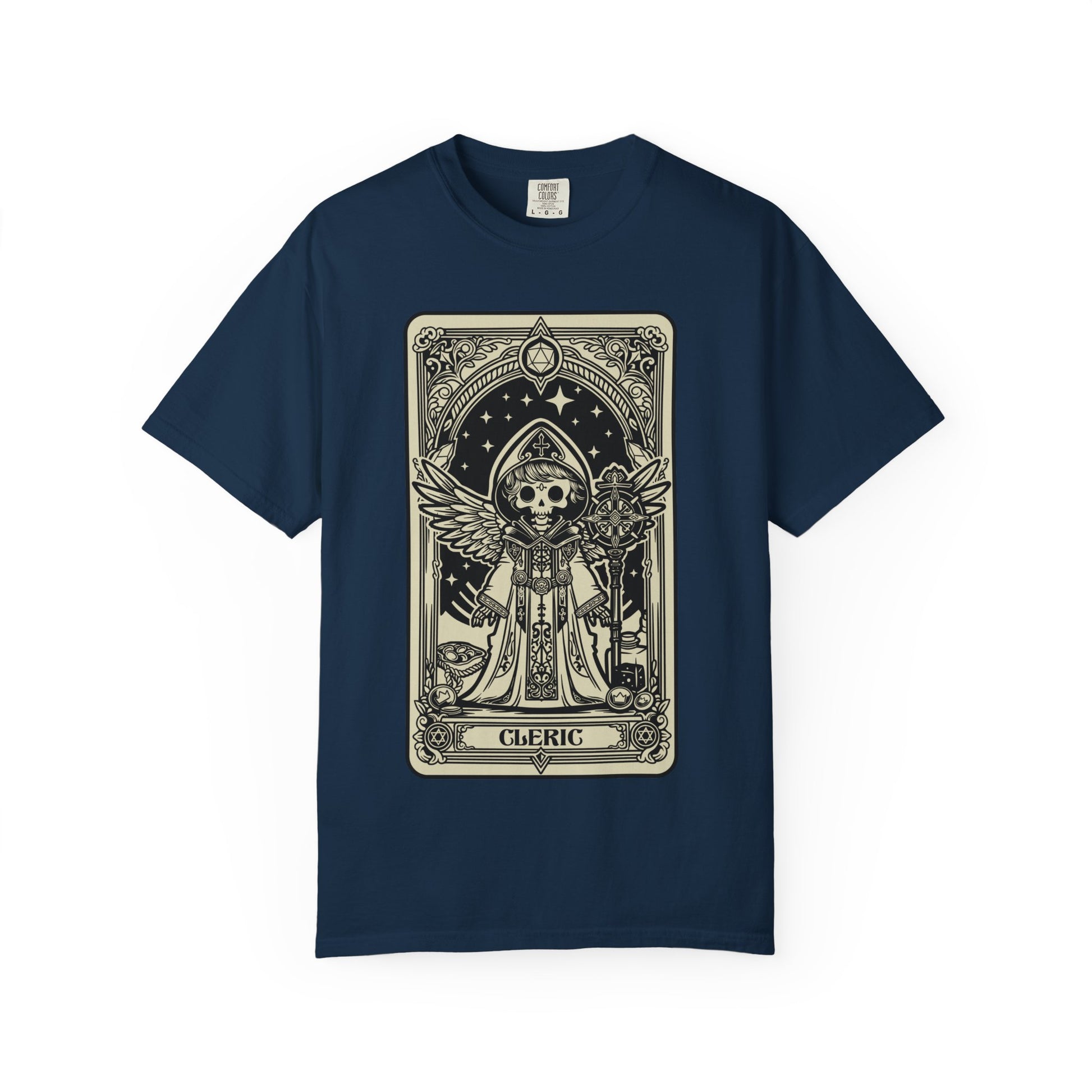 Navy blue t-shirt with a DND Cleric graphic design on a white background
