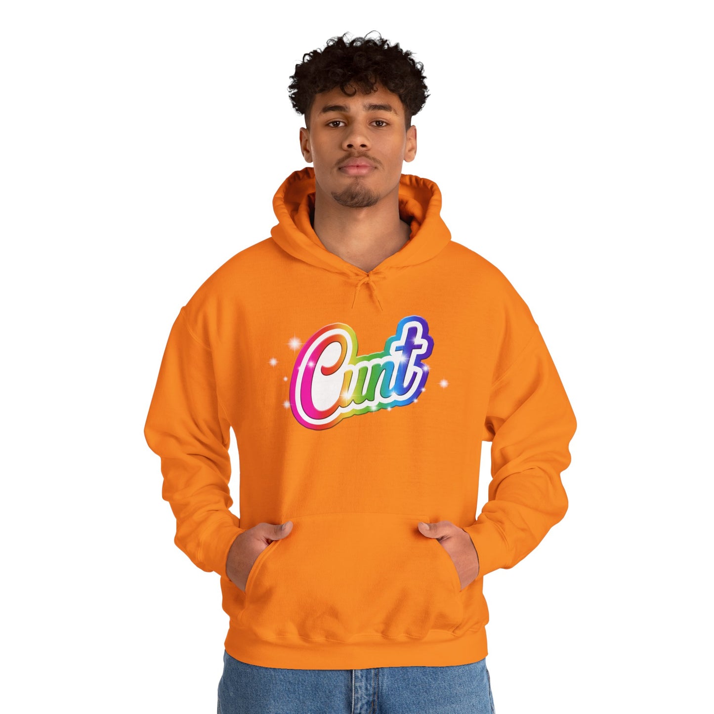 Unisex Hoodie with Lisa Frank Style lettering that says CUNT.