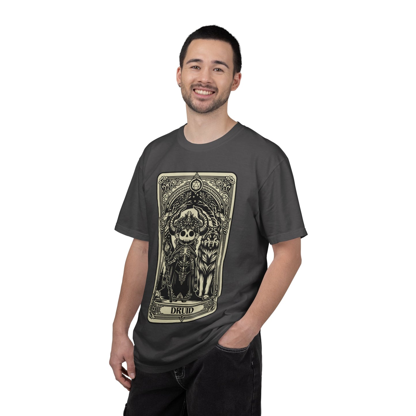 Man wearing a dark gray t-shirt with a graphic Druid design on a white background
