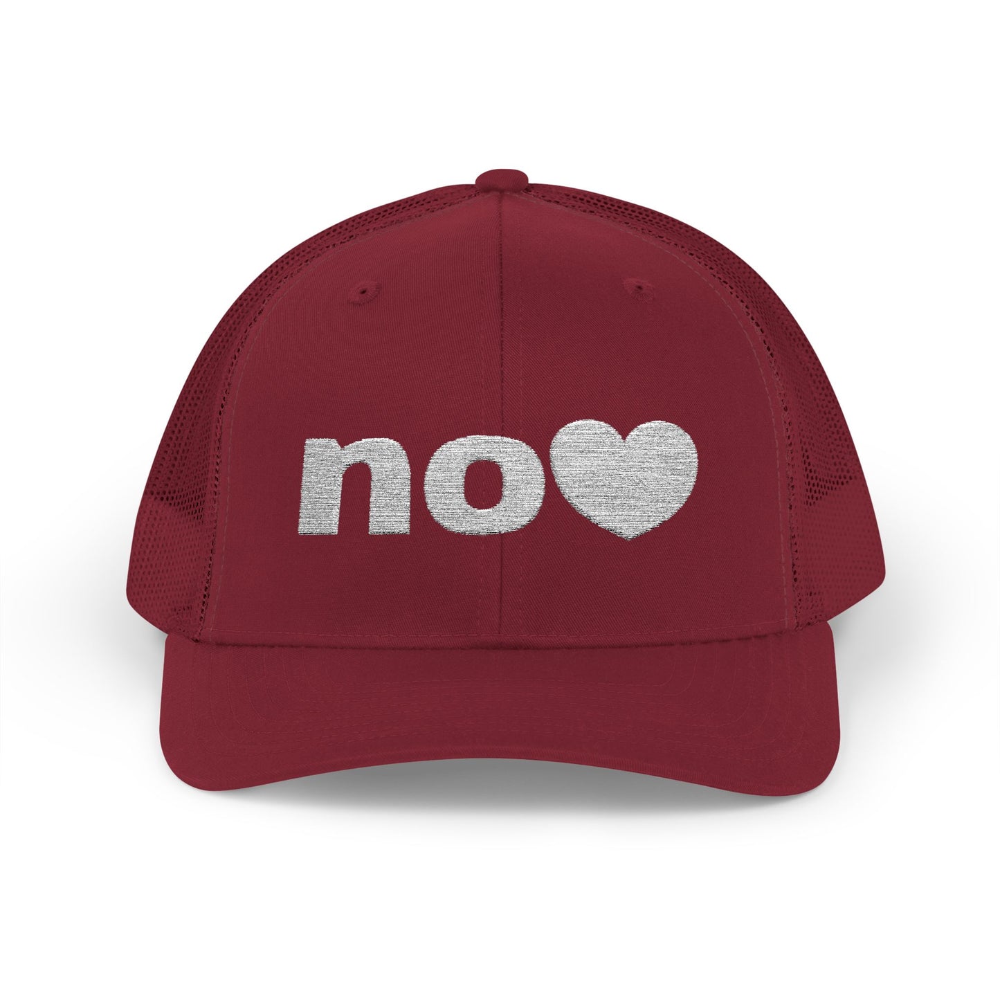 Trucker hat embroidered with NO and a heart.