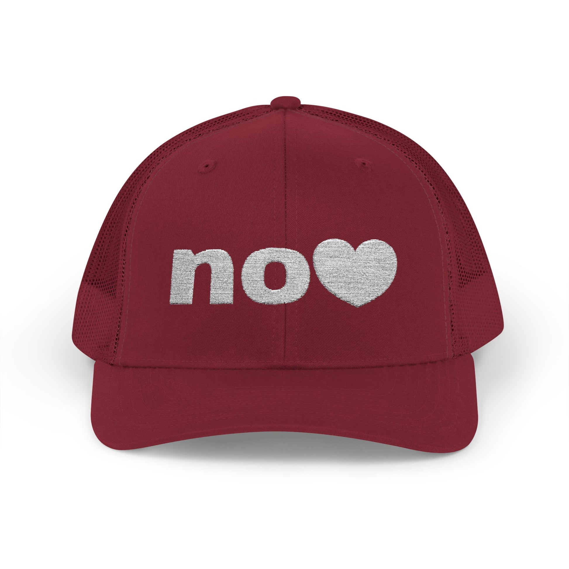 Trucker hat embroidered with NO and a heart.