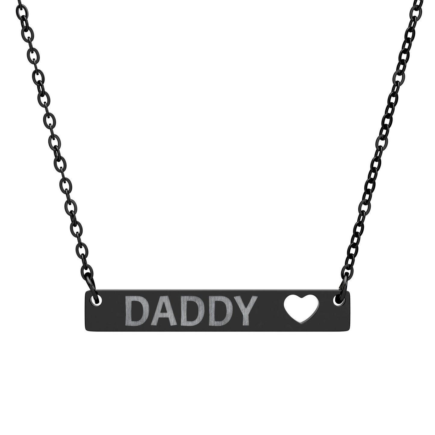 Engraved DADDY bar necklace with heart cutout.