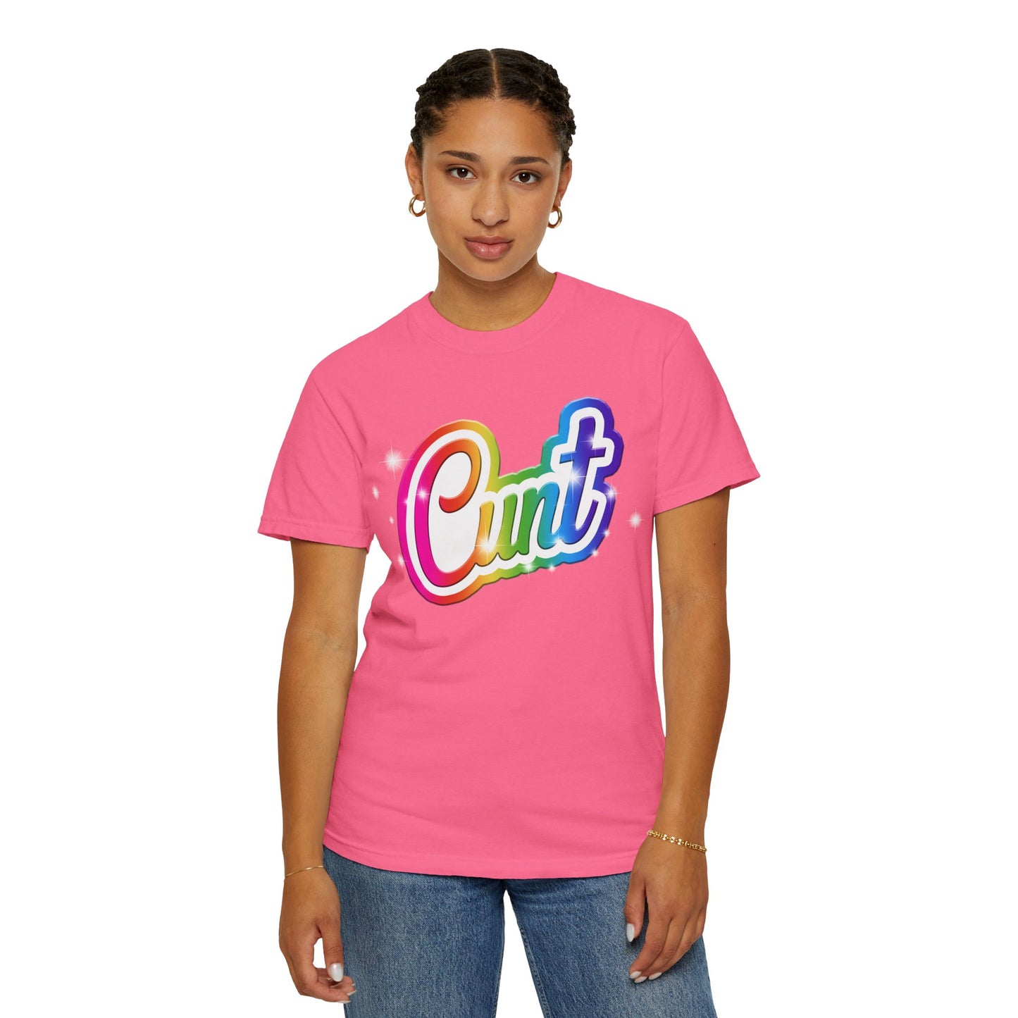 Unisex T-shirt with rainbow Lisa Frank style Cunt lettering.