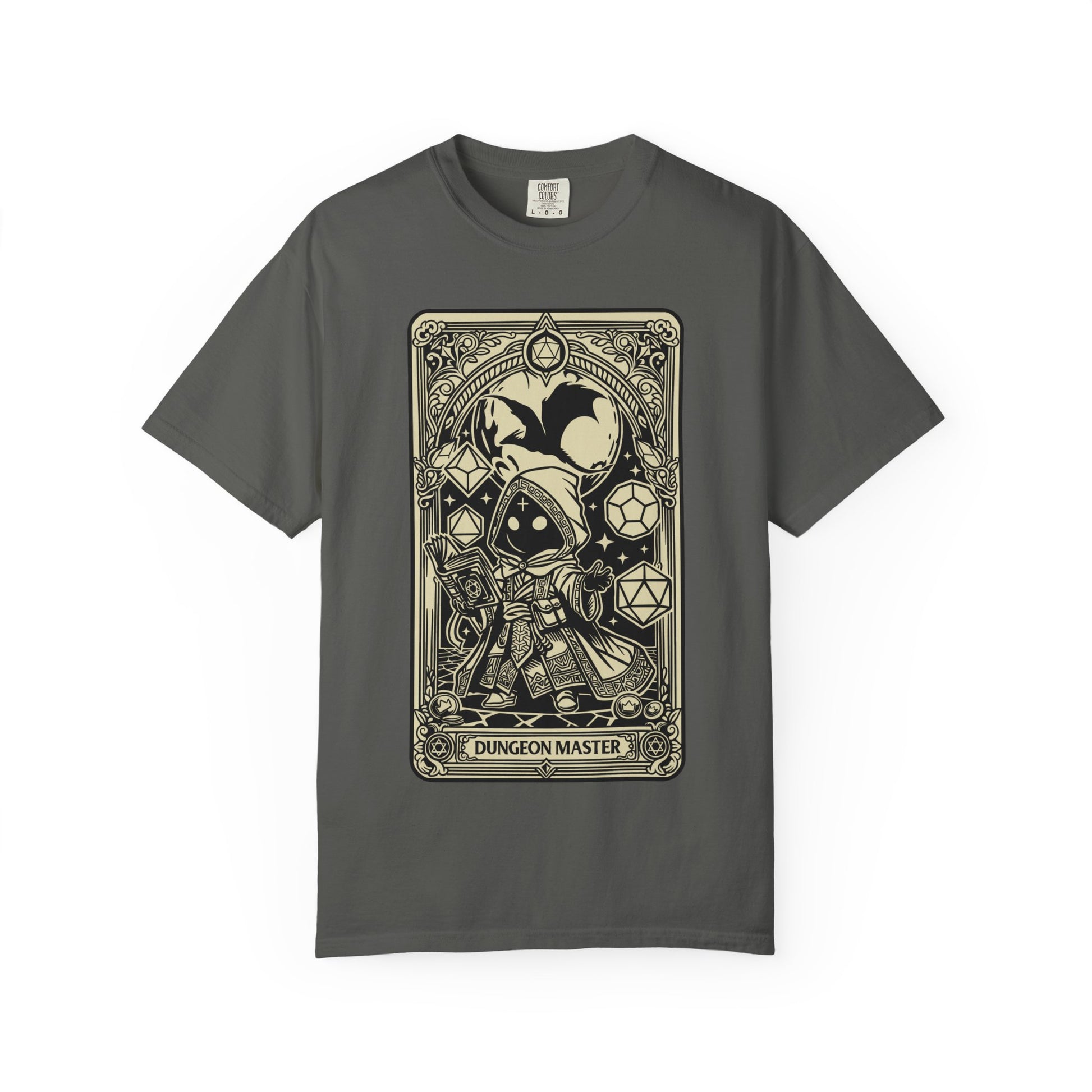 Gray t-shirt with a 'Dungeon Master' card design on a white background