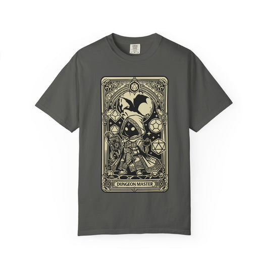 Gray t-shirt with a 'Dungeon Master' card design on a white background