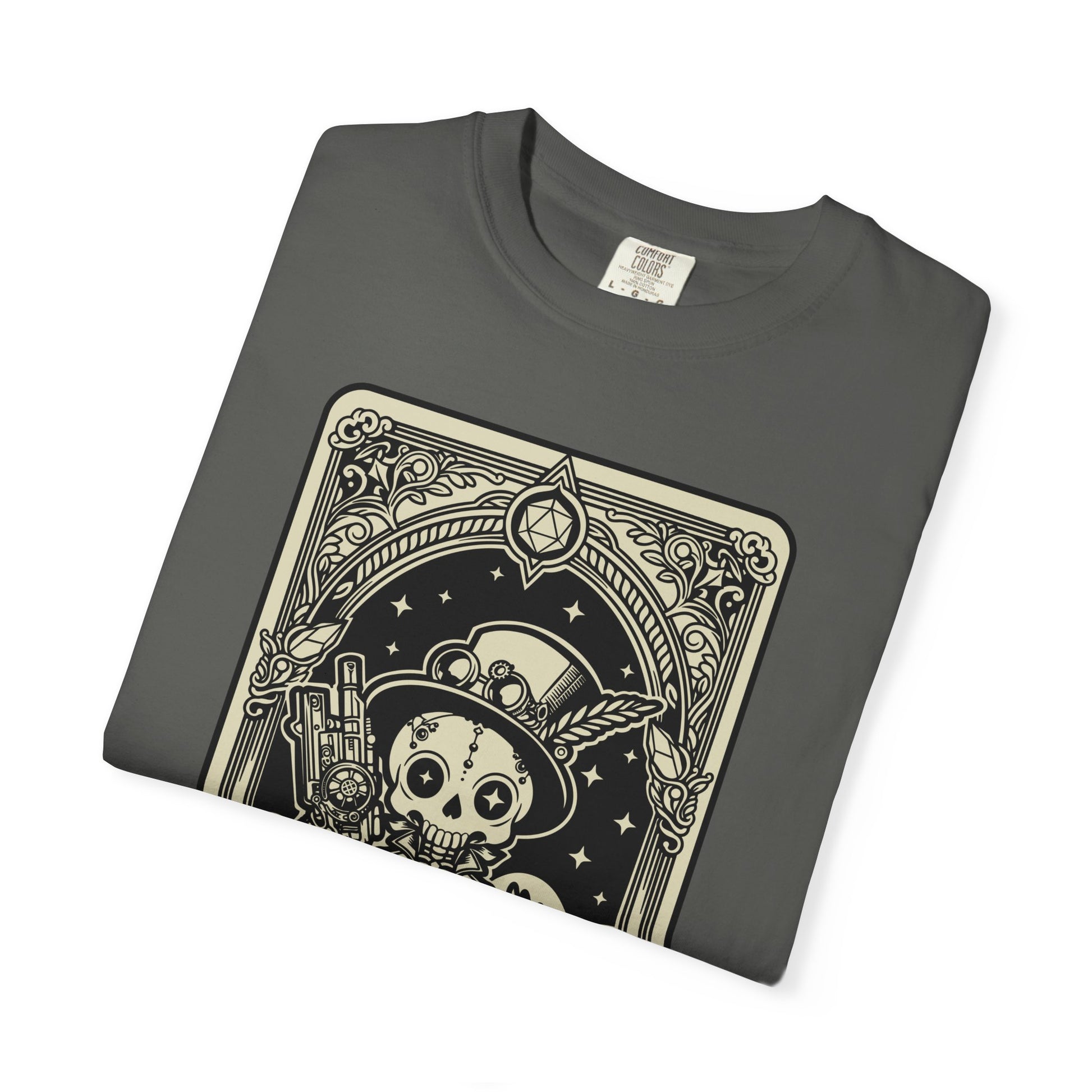 Folded Gray DND Artificer t-shirt with a graphic tarot design on a white background