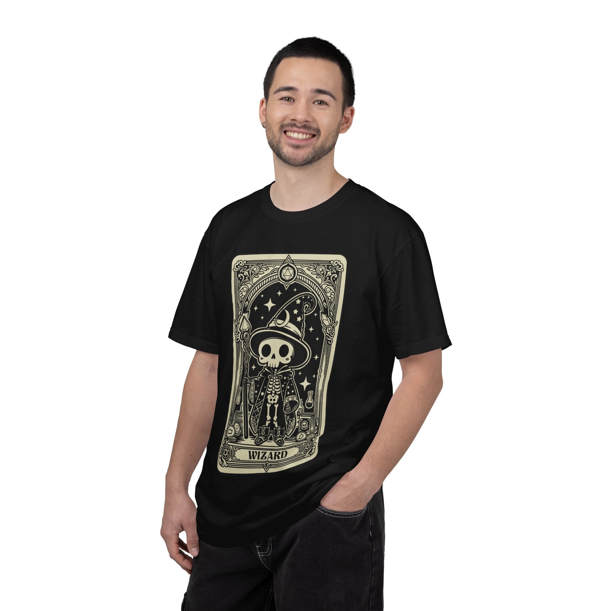 Man wearing a black t-shirt with a graphic DND Wizard design on a white background