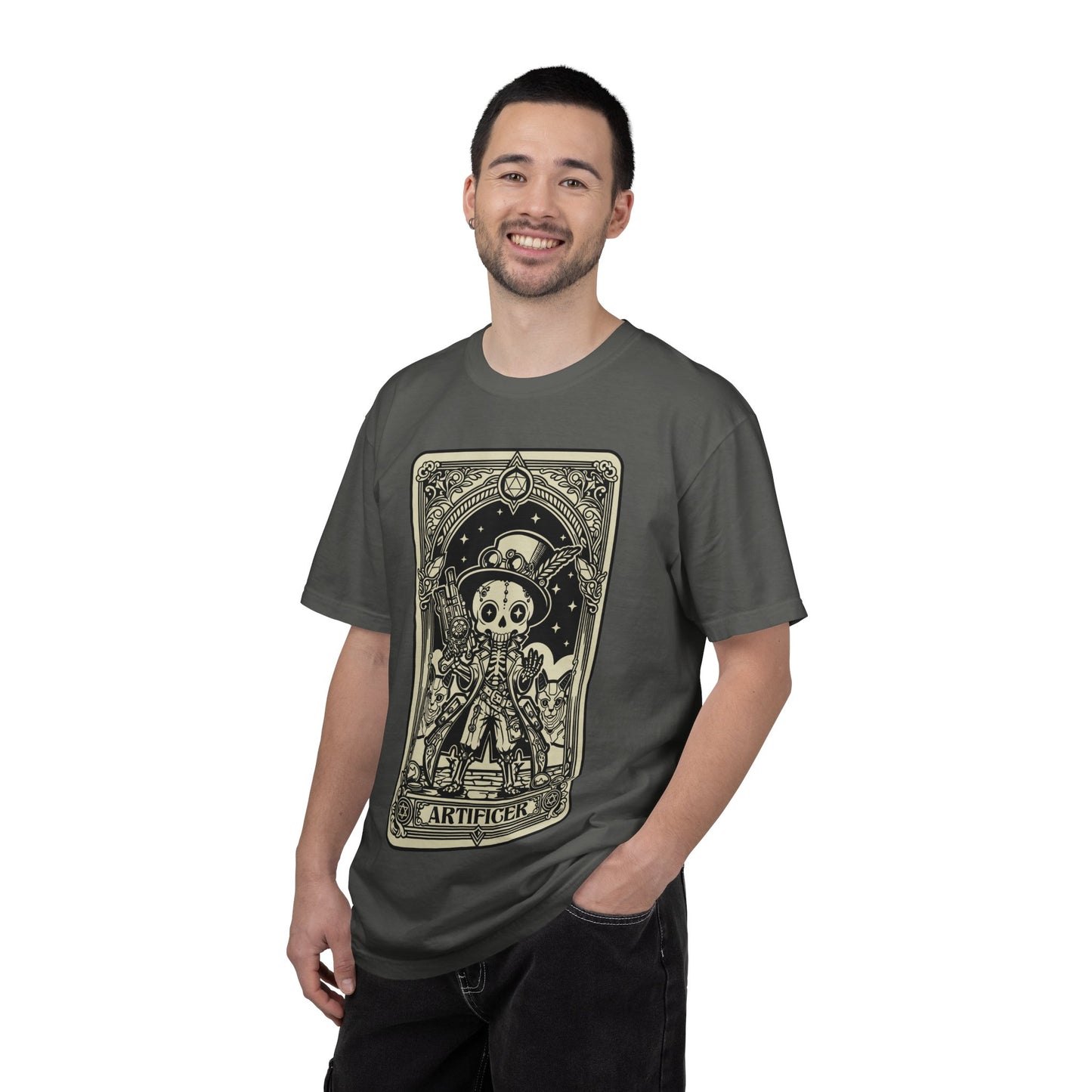 Man wearing a Gray DND Artificer t-shirt with a graphic tarot design on a white background