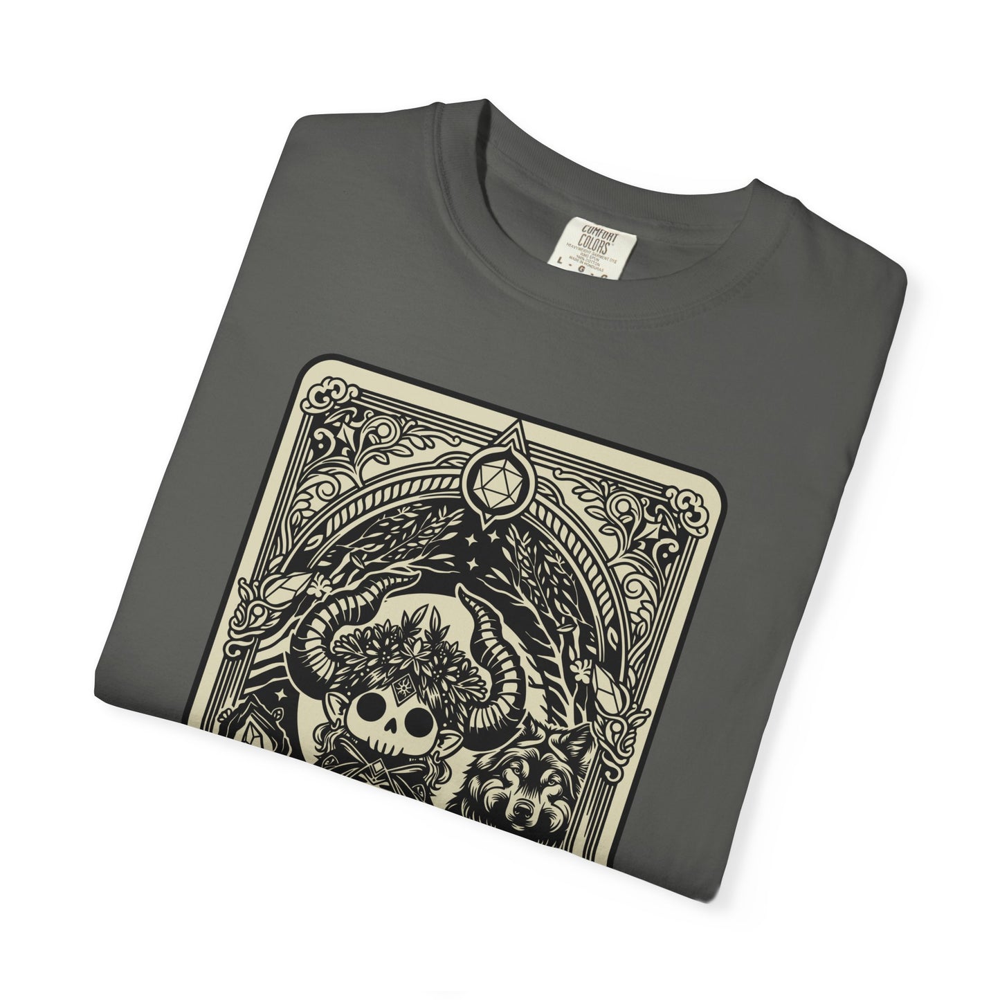 Folded gray t-shirt with black and white Druid graphic design on a white background