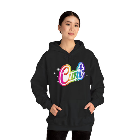 Unisex Hoodie with Lisa Frank Style lettering that says CUNT.