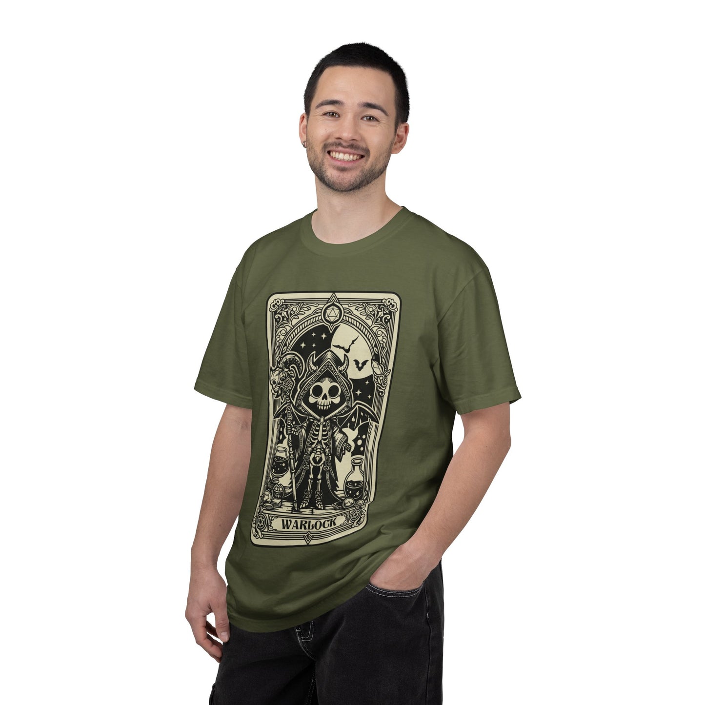 Man wearing a green t-shirt with a DND Warlock graphic design on a white background