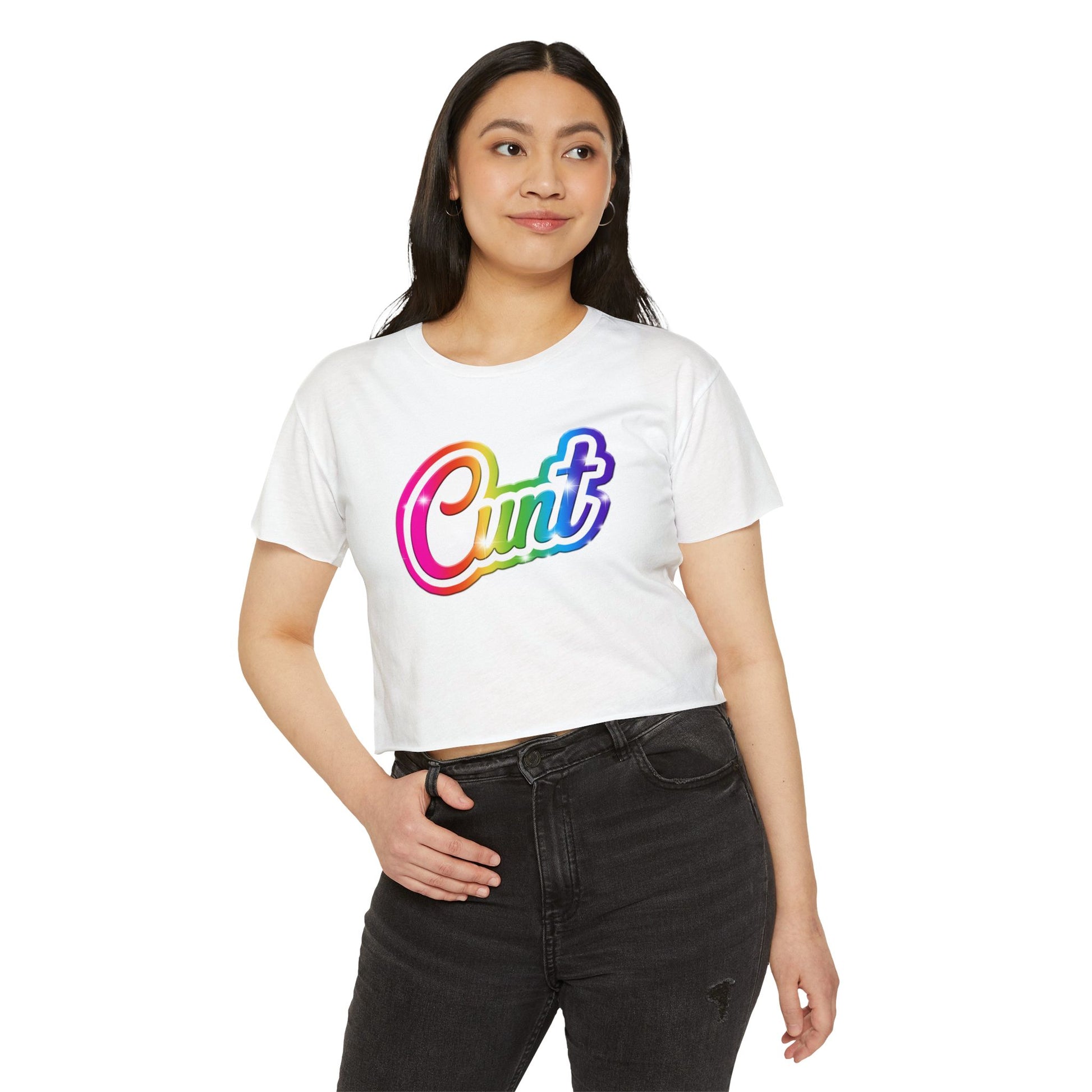 Crop top t-shirt with rainbow Lisa Frank style Cunt lettering.
