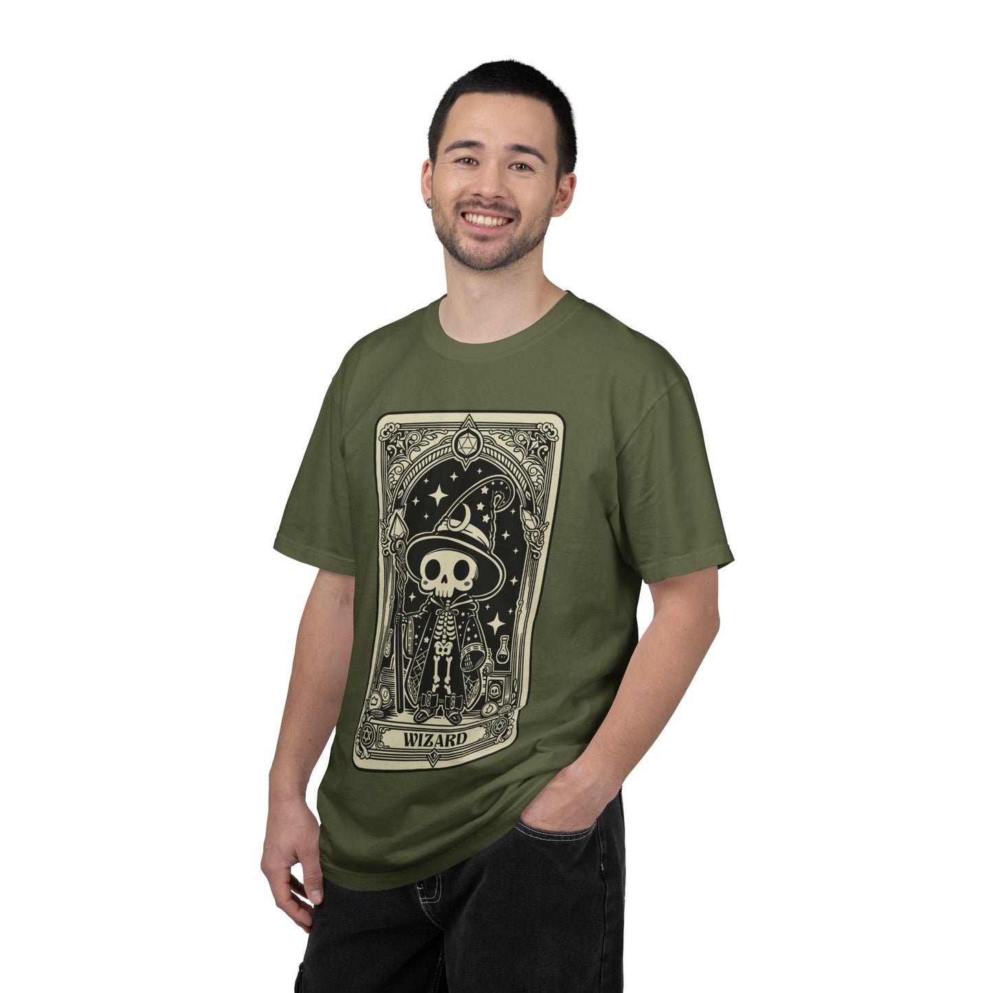 Man wearing a green t-shirt with a graphic DND Wizard design on a white background