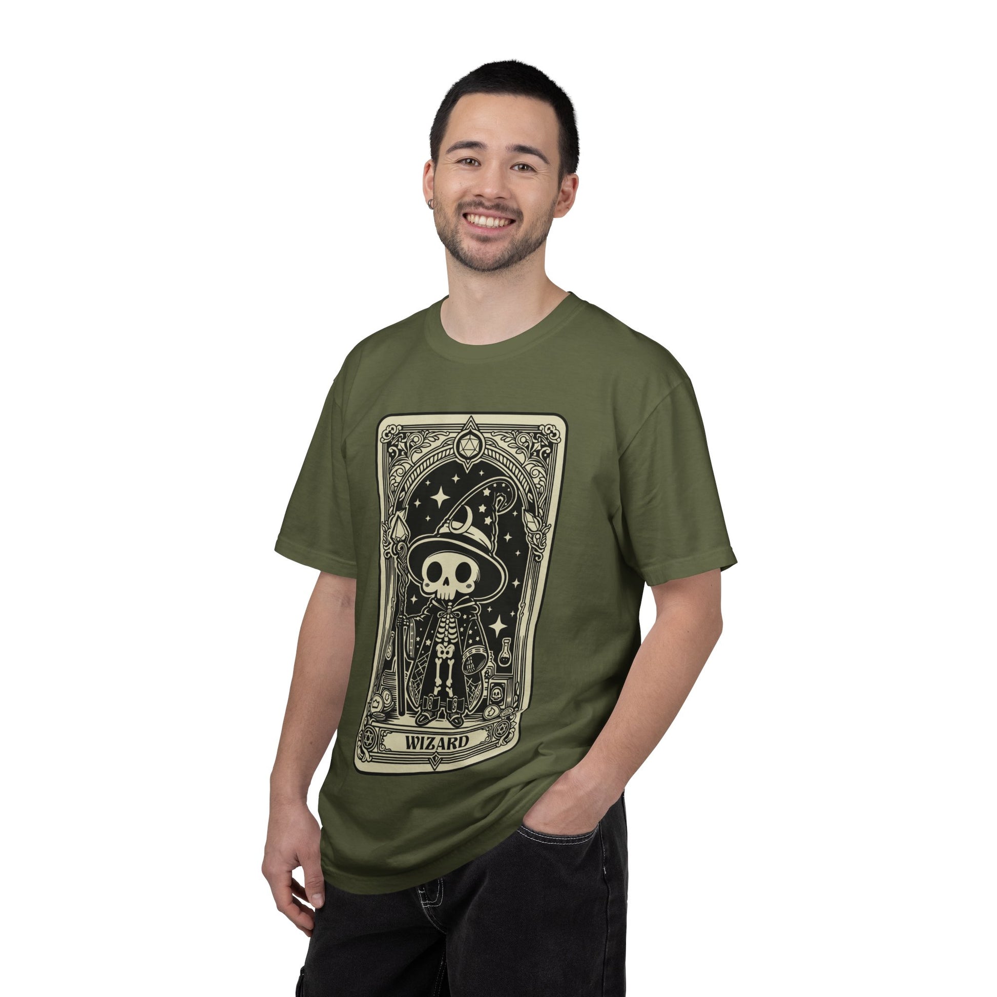 Man wearing a green t-shirt with a graphic DND Wizard design on a white background