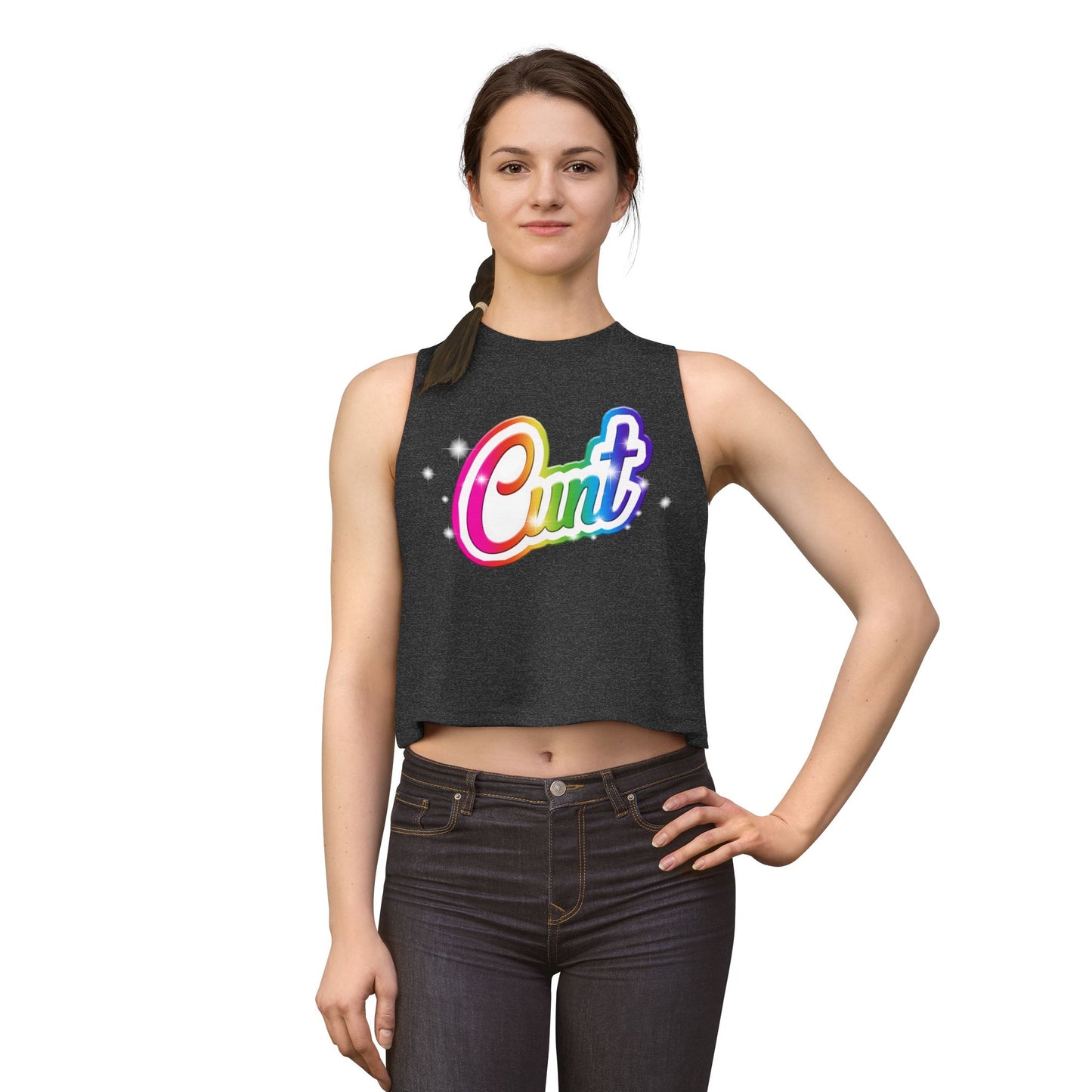 Crop top tank with rainbow Lisa Frank style Cunt lettering.