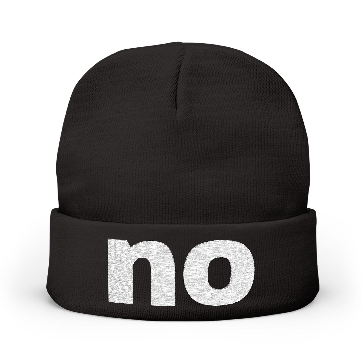 Embroidered beanie with the word “no”.