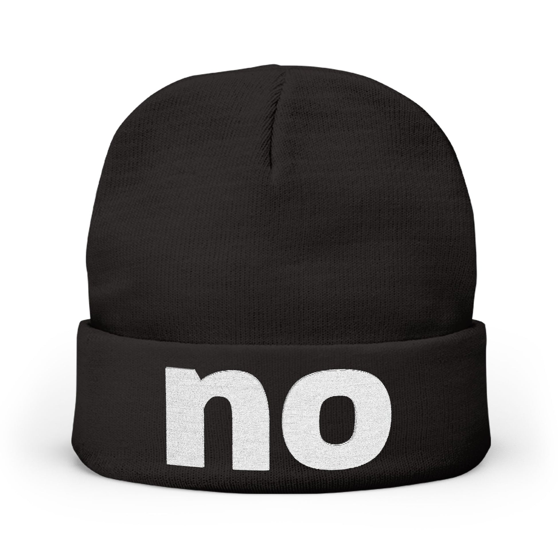 Embroidered beanie with the word “no”.