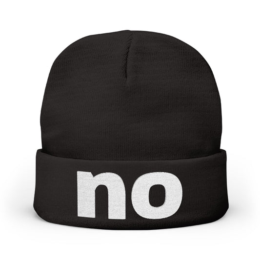 Embroidered beanie with the word “no”.