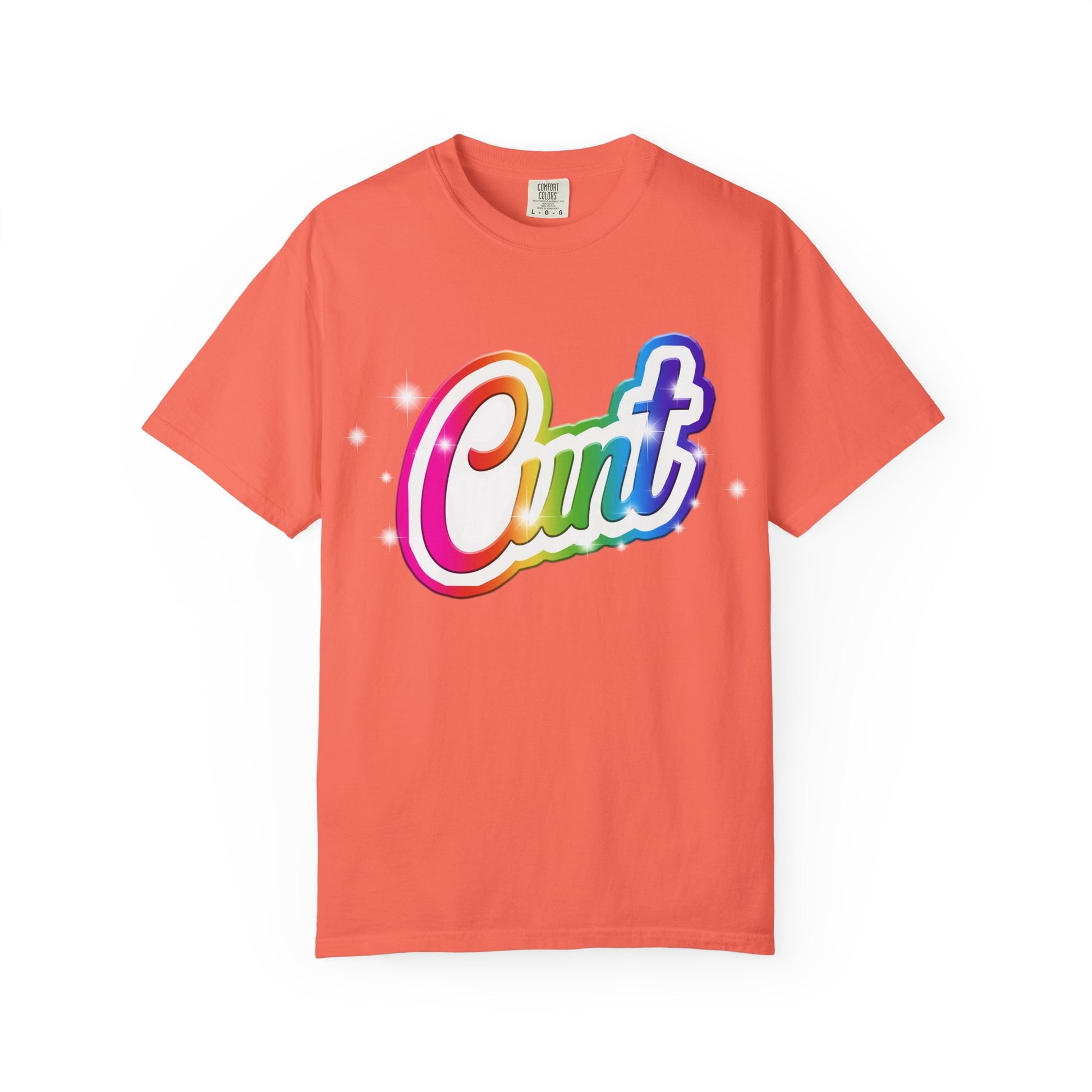 Unisex T-shirt with rainbow Lisa Frank style Cunt lettering.