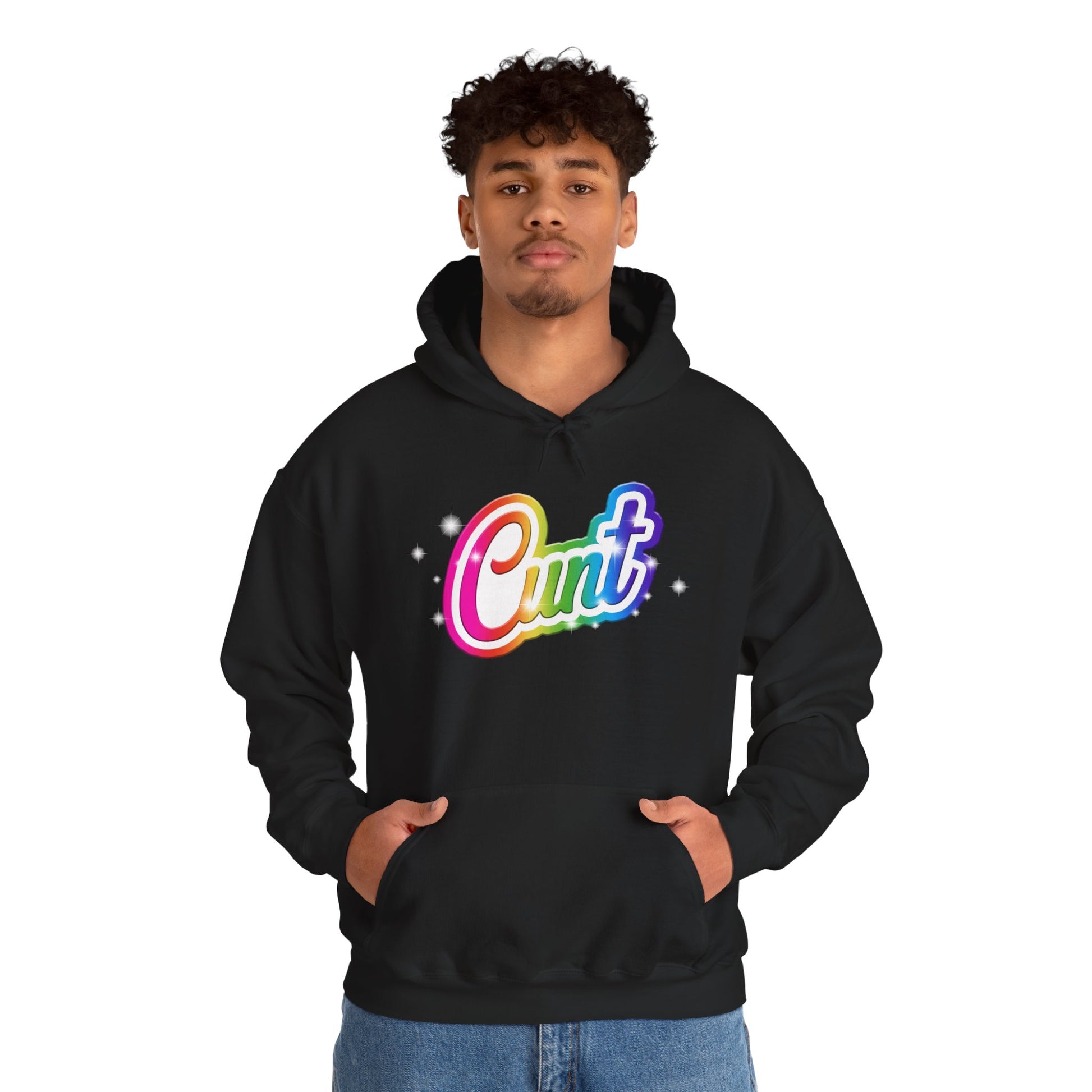 Unisex Hoodie with Lisa Frank Style lettering that says CUNT.