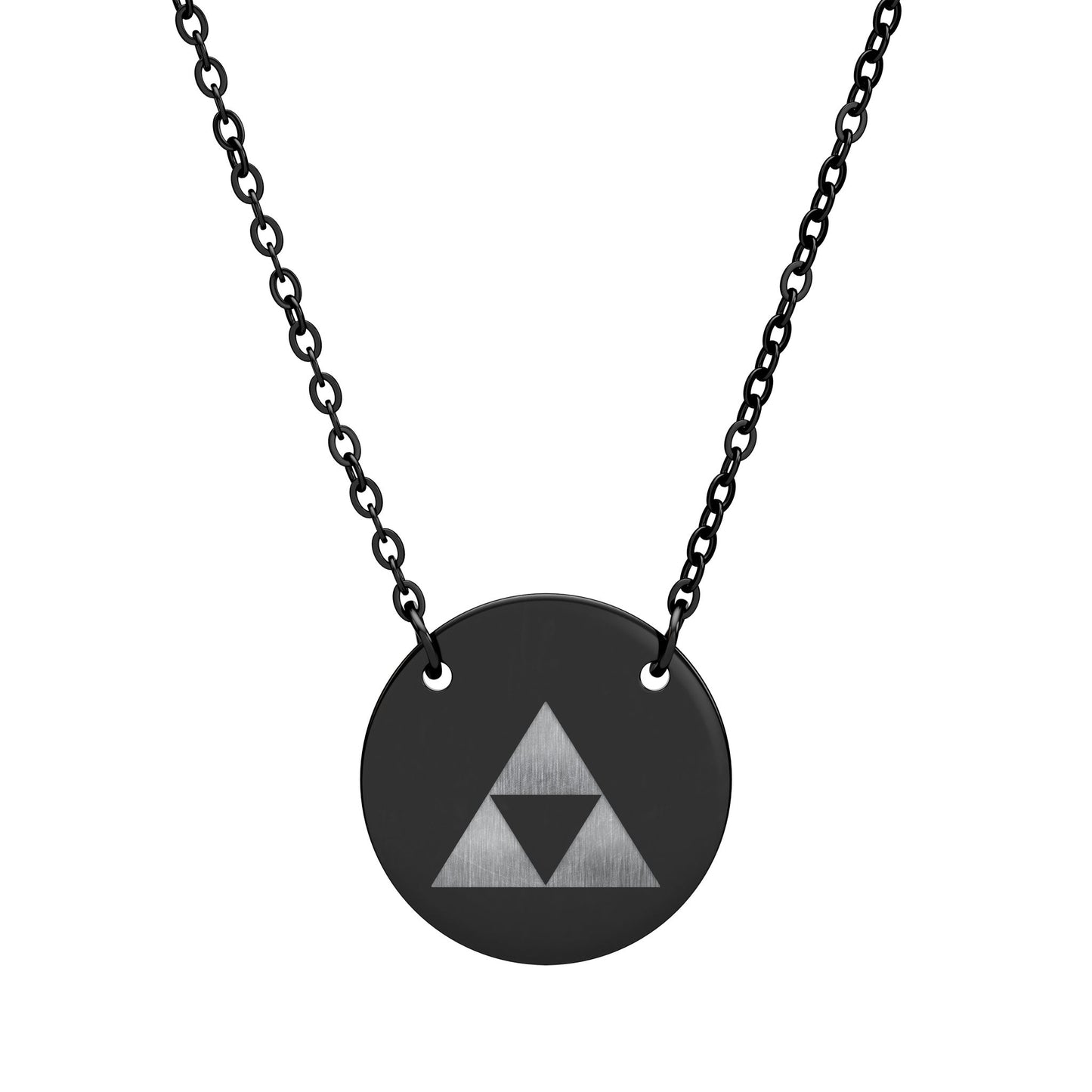 Necklace with a black pendant featuring a silver triforce design on a white background