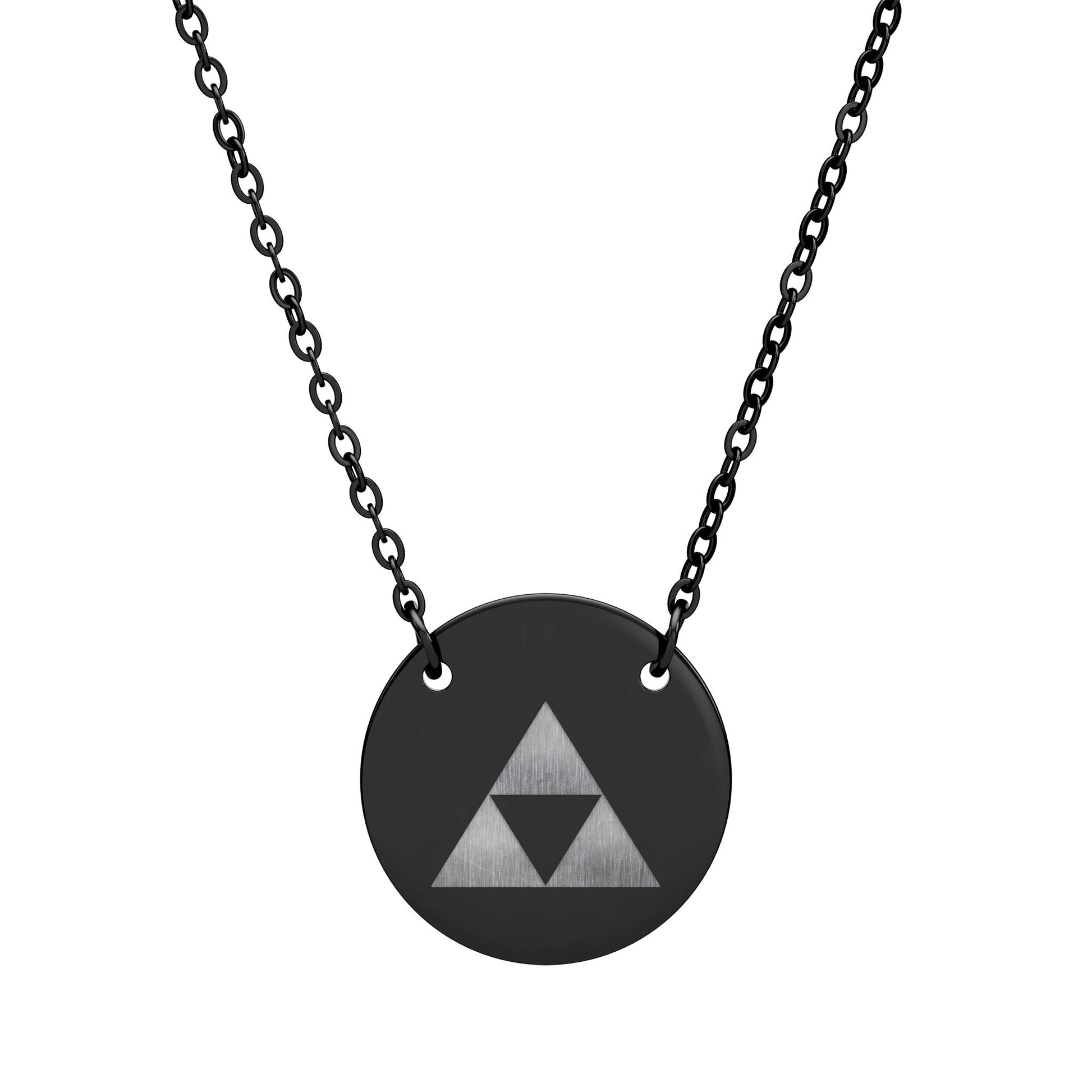 Necklace with a black pendant featuring a silver triforce design on a white background