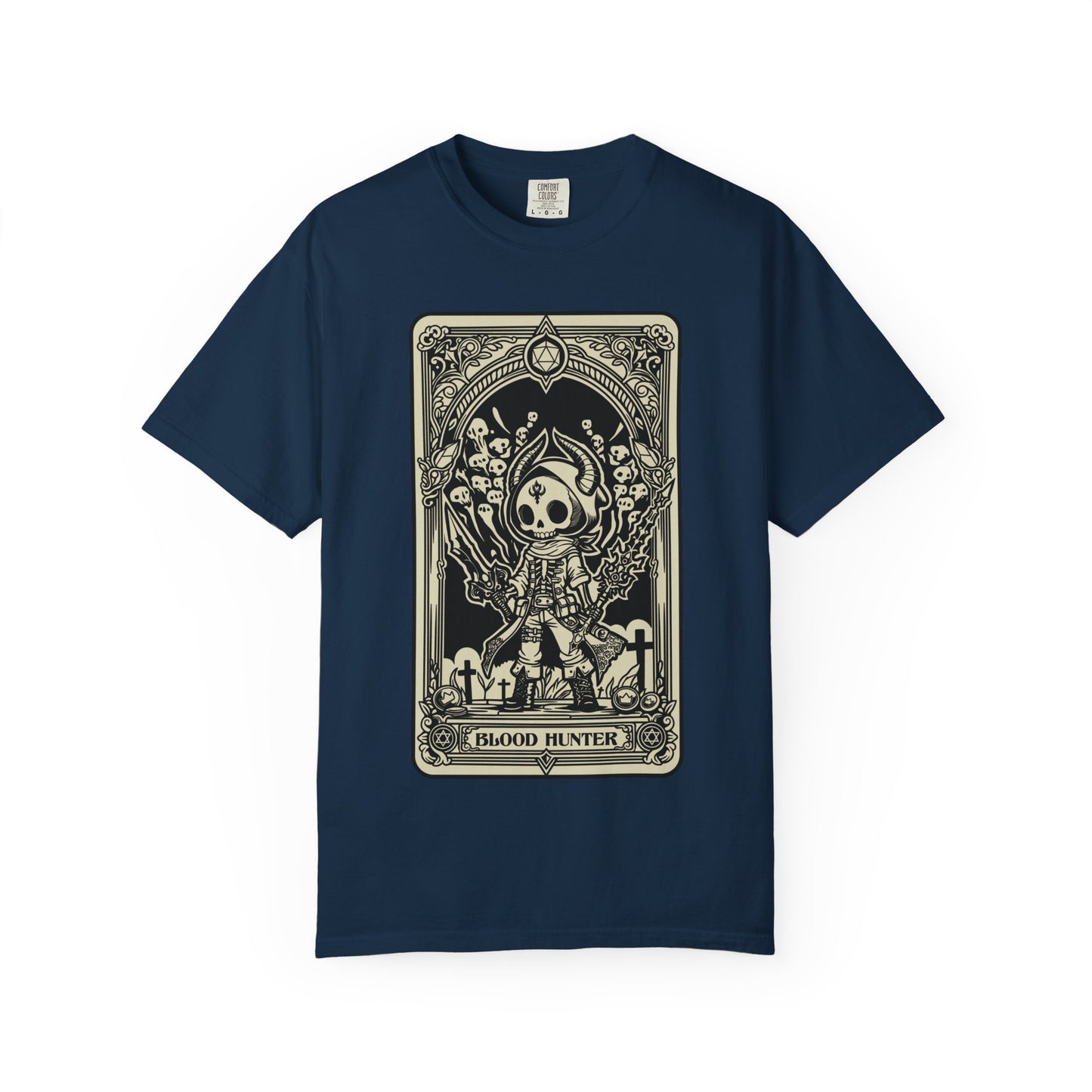 Navy blue t-shirt with a graphic design of a skeleton holding a gun labeled 'Blood Hunter' on a white background.
