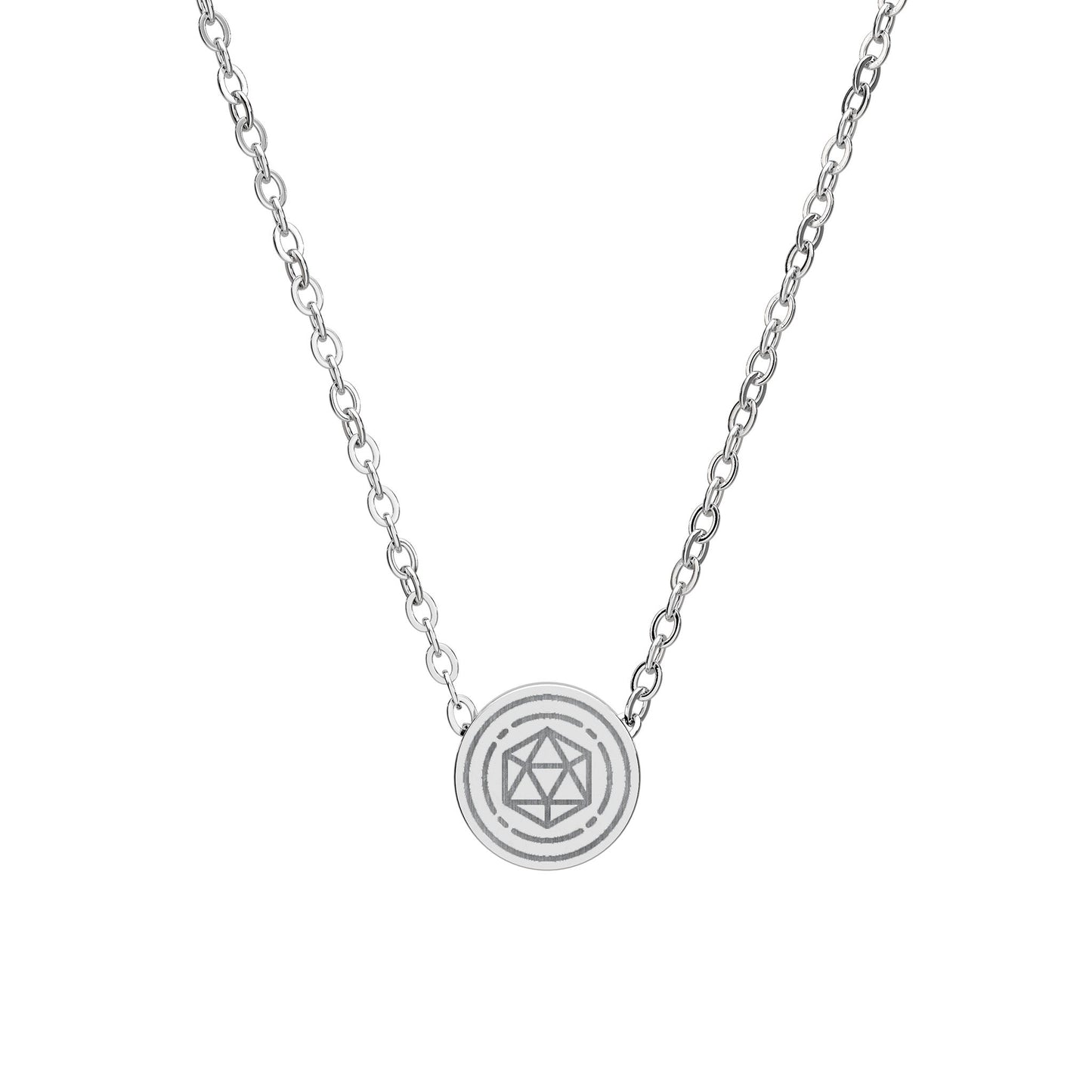 Mini circle necklace with laser engraved D20 design.