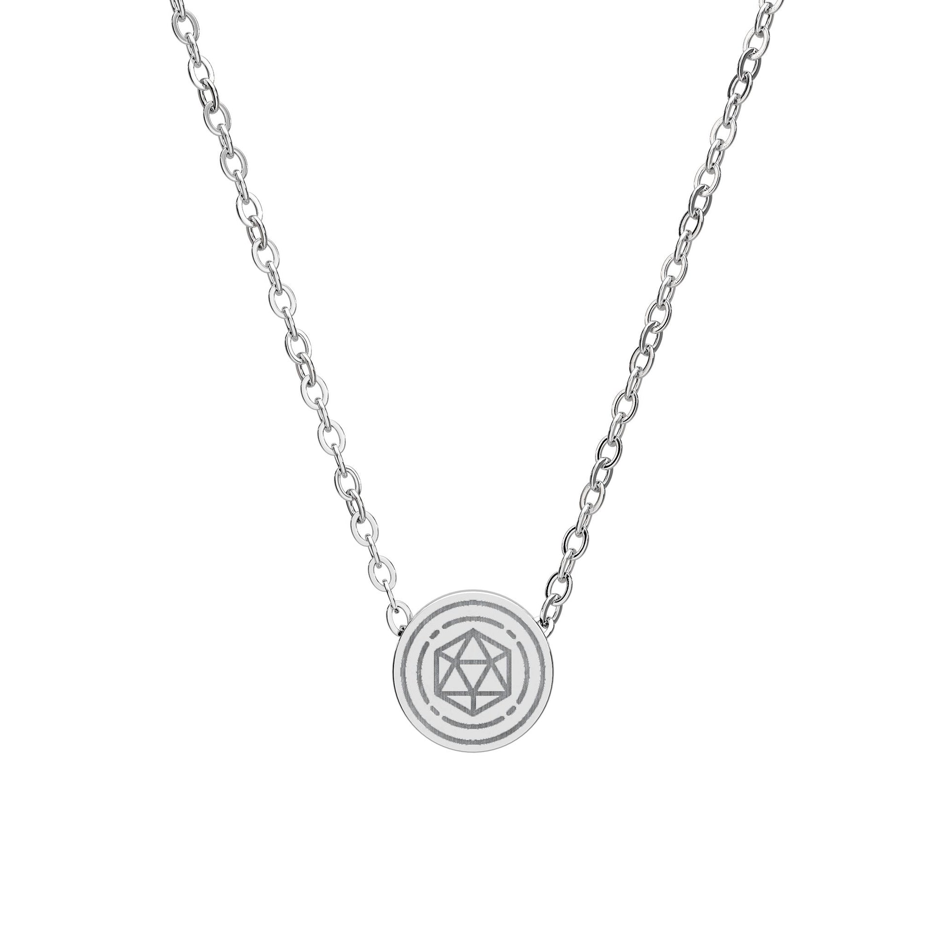 Mini circle necklace with laser engraved D20 design.