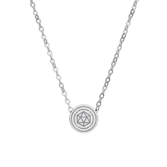 Mini circle necklace with laser engraved D20 design.