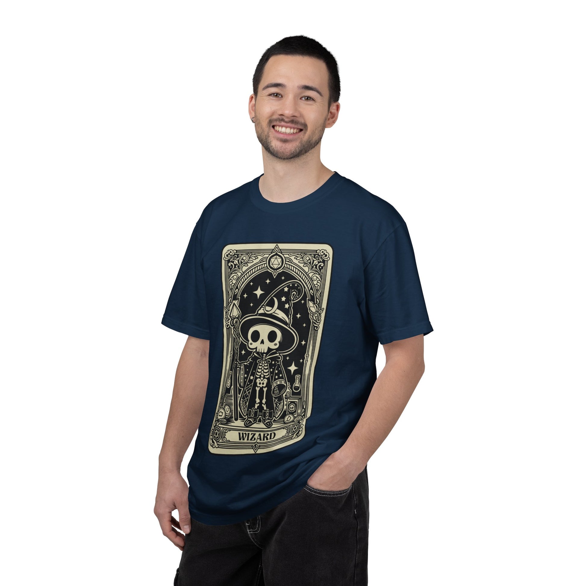 Man wearing a navy blue t-shirt with a graphic DND Wizard design on a white background