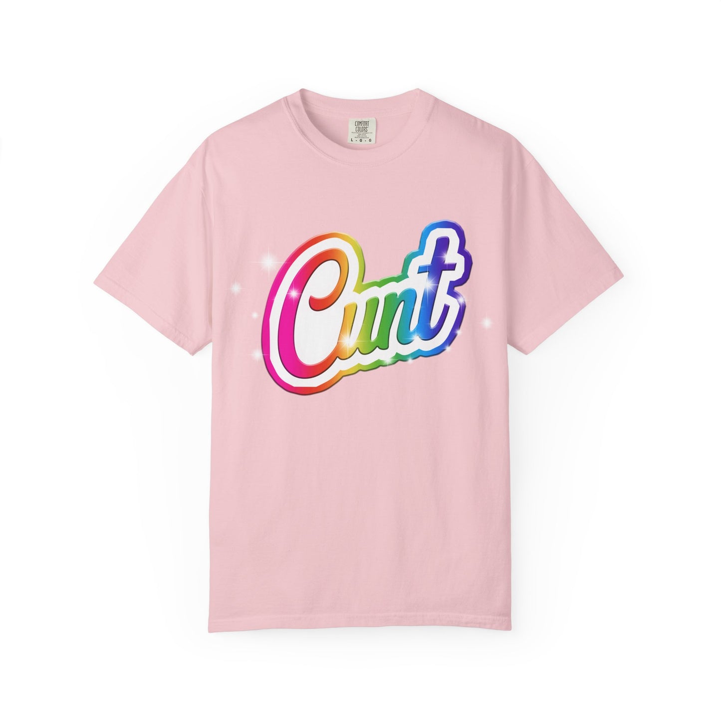 Unisex T-shirt with rainbow Lisa Frank style Cunt lettering.