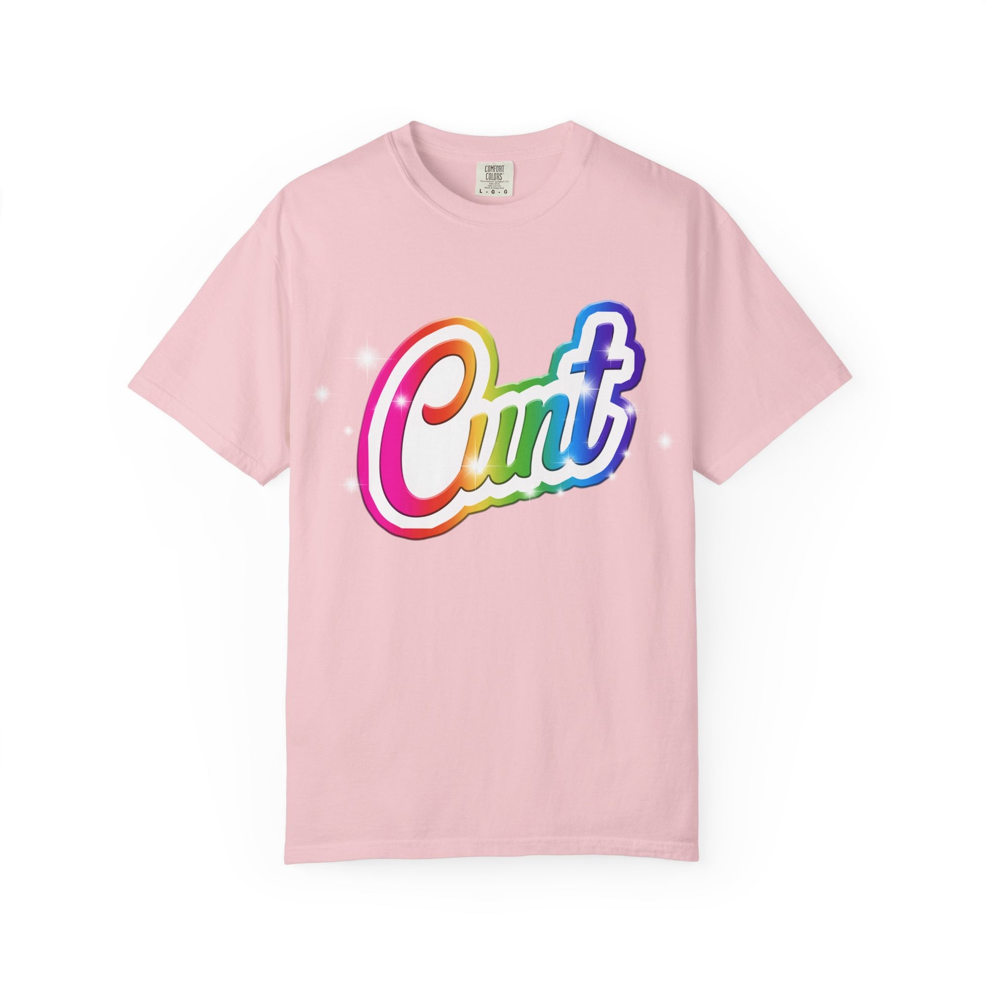 Unisex T-shirt with rainbow Lisa Frank style Cunt lettering.