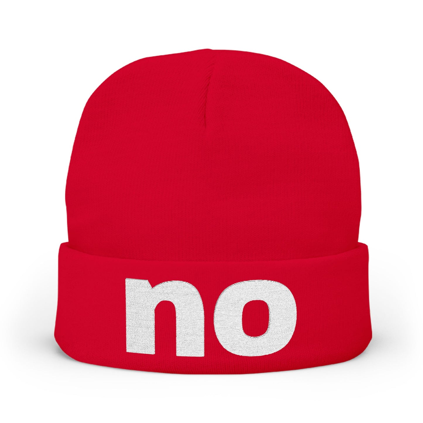 Embroidered beanie with the word “no”.