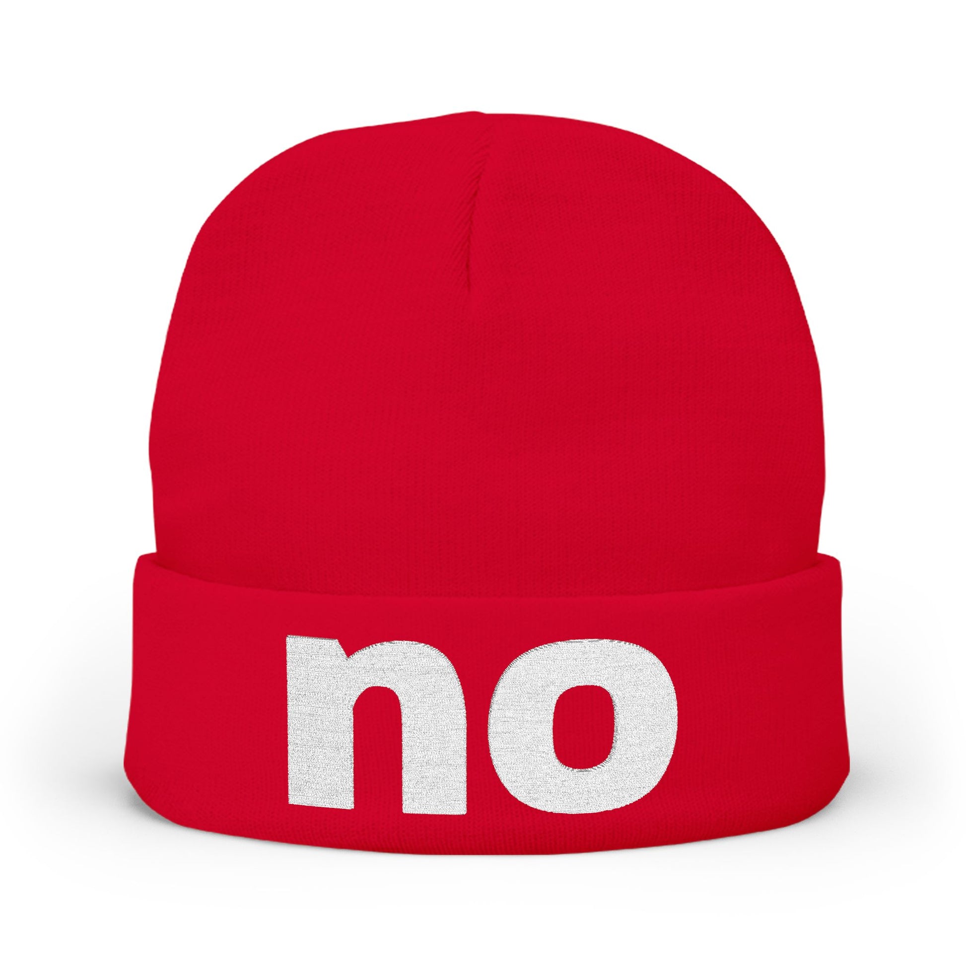 Embroidered beanie with the word “no”.