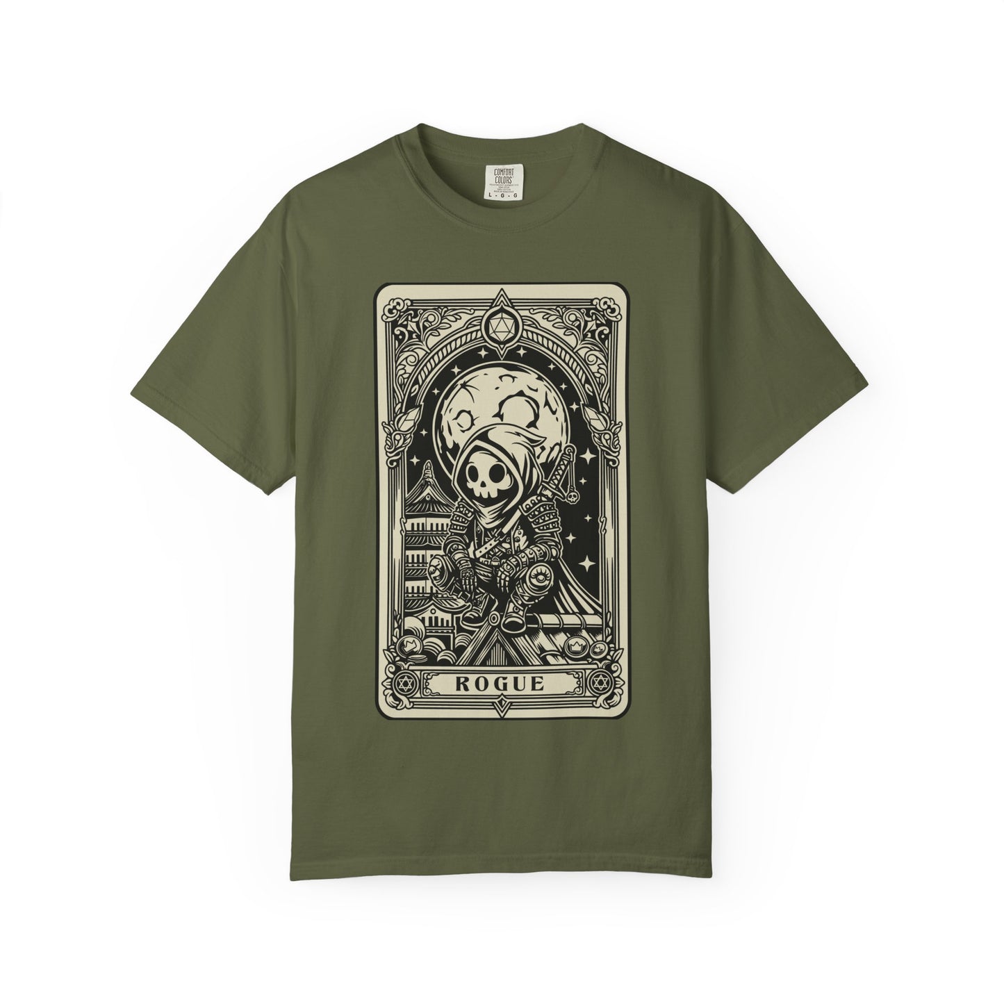 Green DND Rogue t-shirt with a card-themed graphic design on a white background