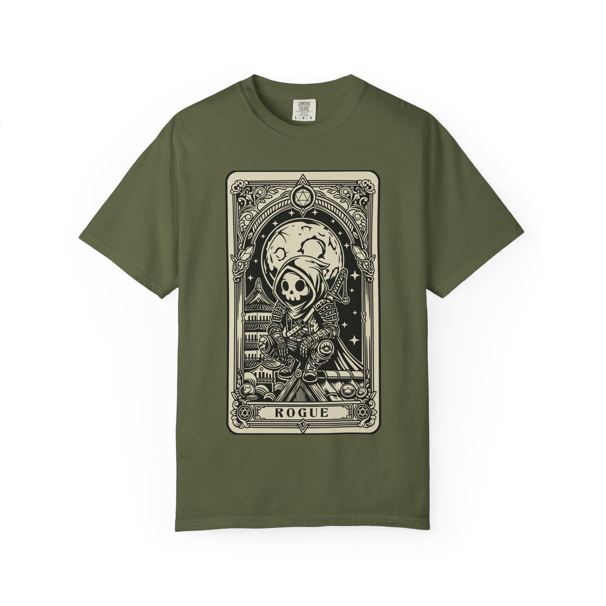 Green DND Rogue t-shirt with a card-themed graphic design on a white background