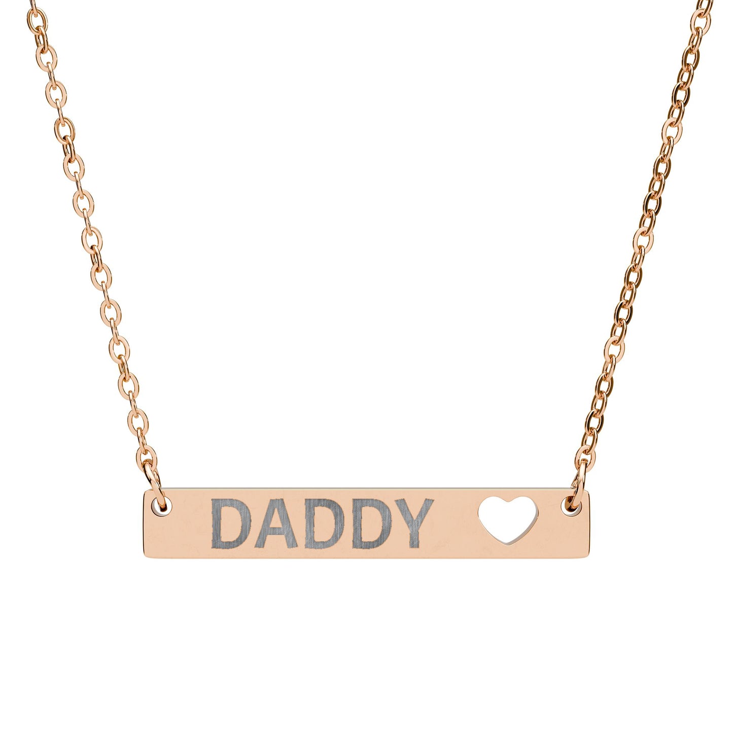 Engraved DADDY bar necklace with heart cutout.