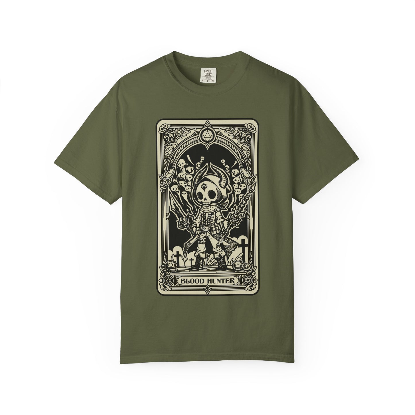 Green t-shirt with a DND Blood Hunter Tarot Card graphic design  on a white background