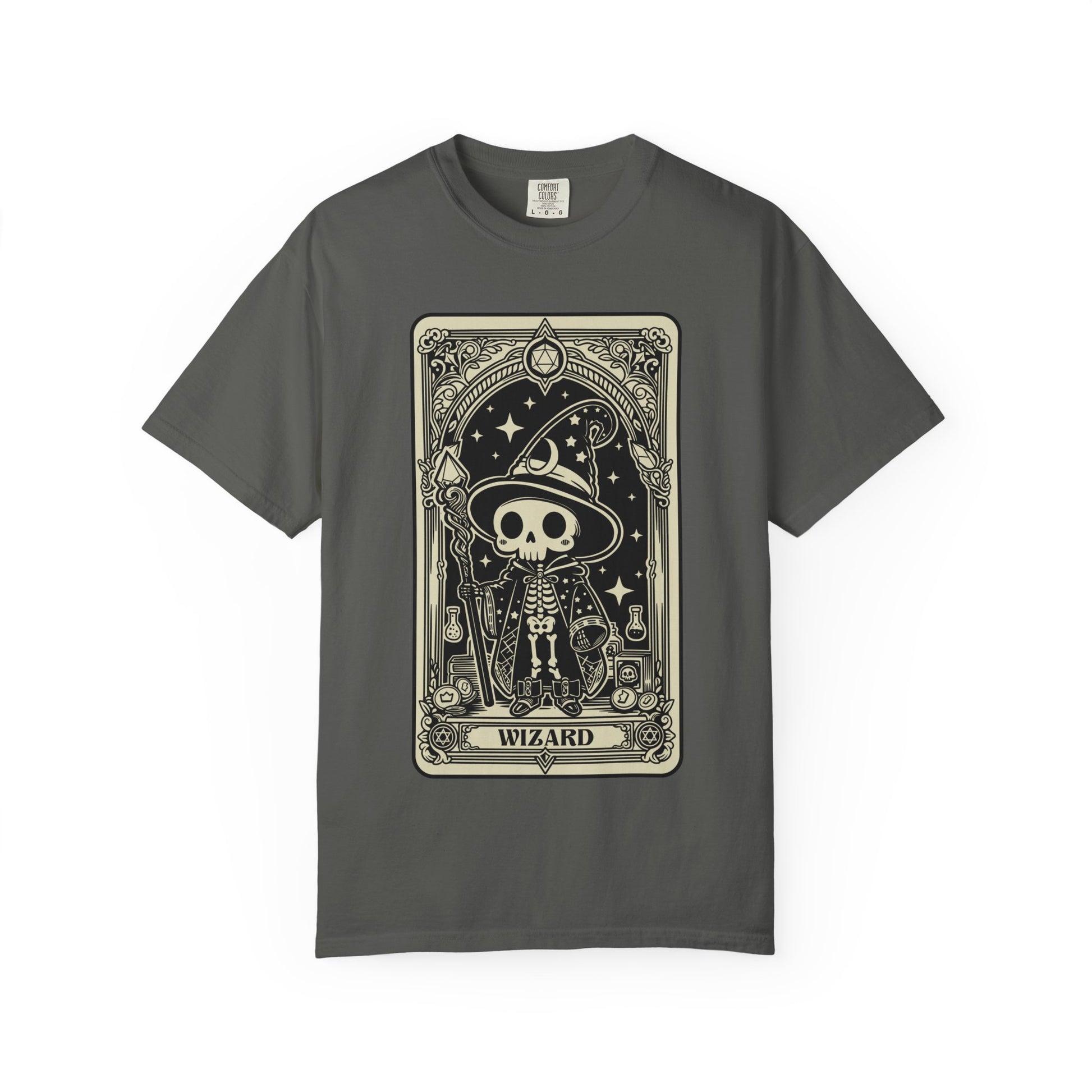 Gray t-shirt with a skeleton wizard design on a white background