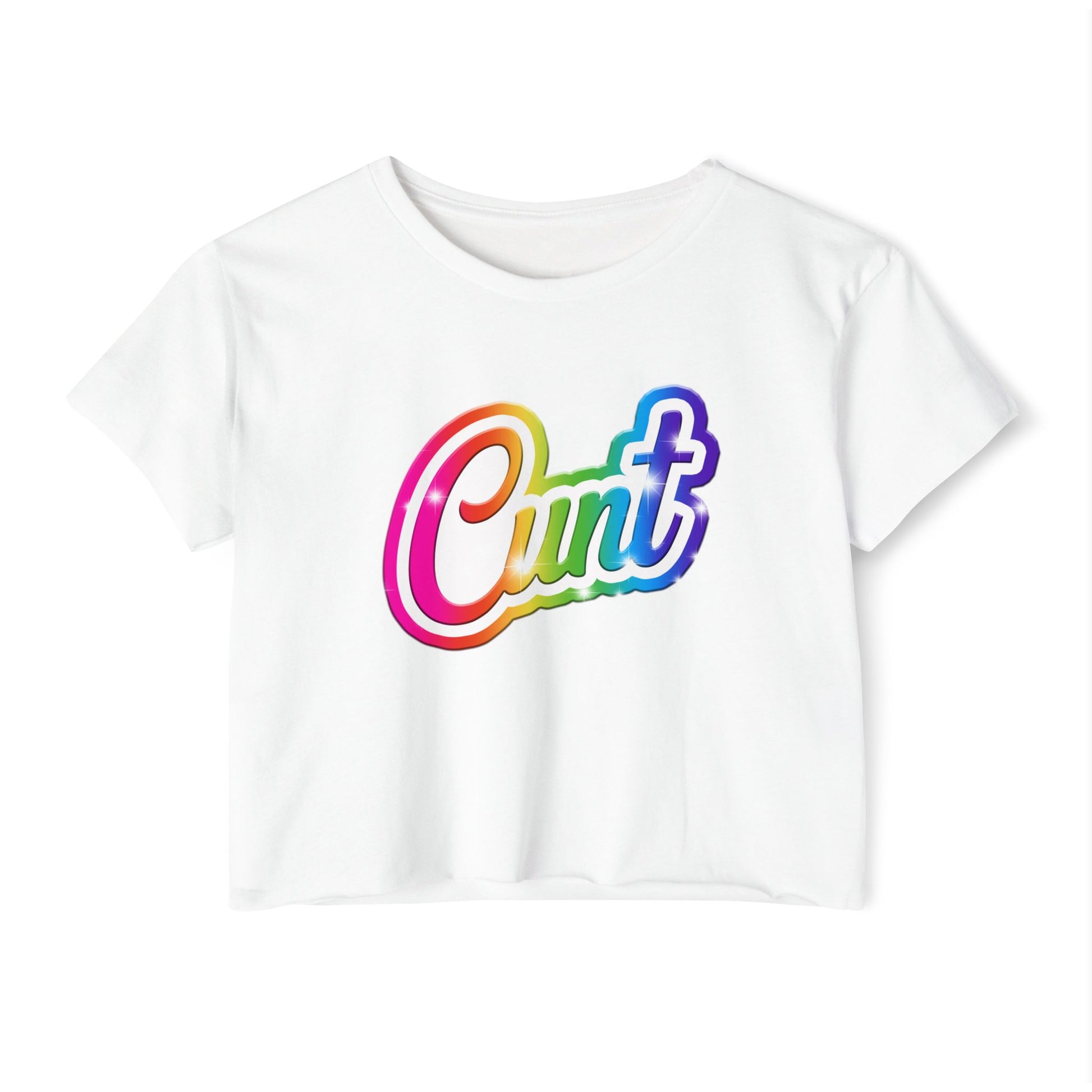 Crop top t-shirt with rainbow Lisa Frank style Cunt lettering.