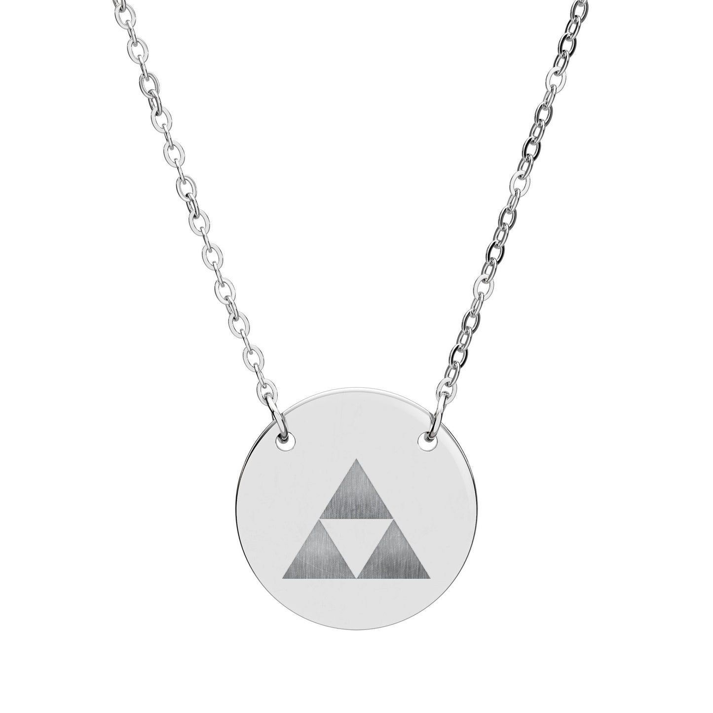 Silver necklace with a round pendant featuring a triforce design on a white background