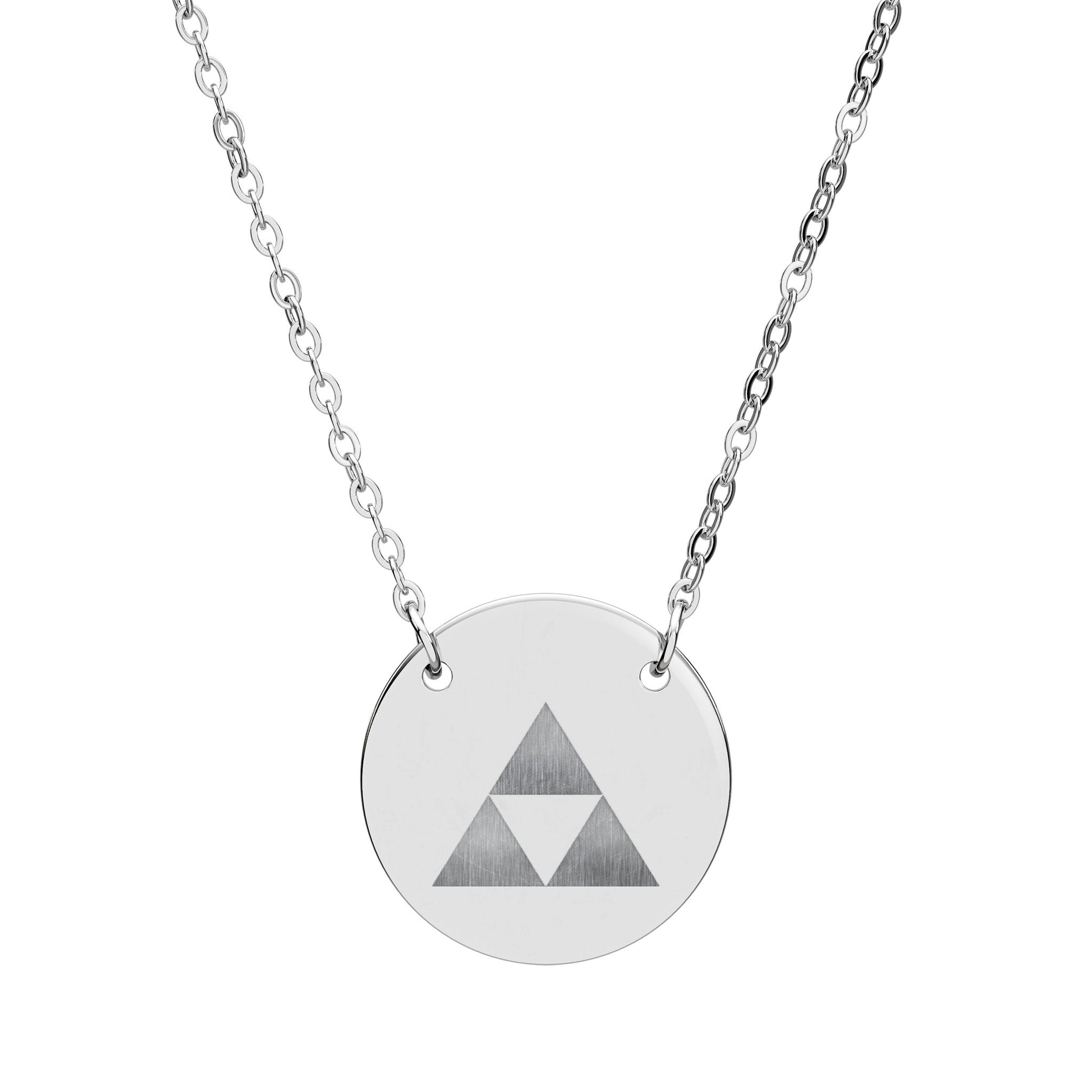 Silver necklace with a round pendant featuring a triforce design on a white background