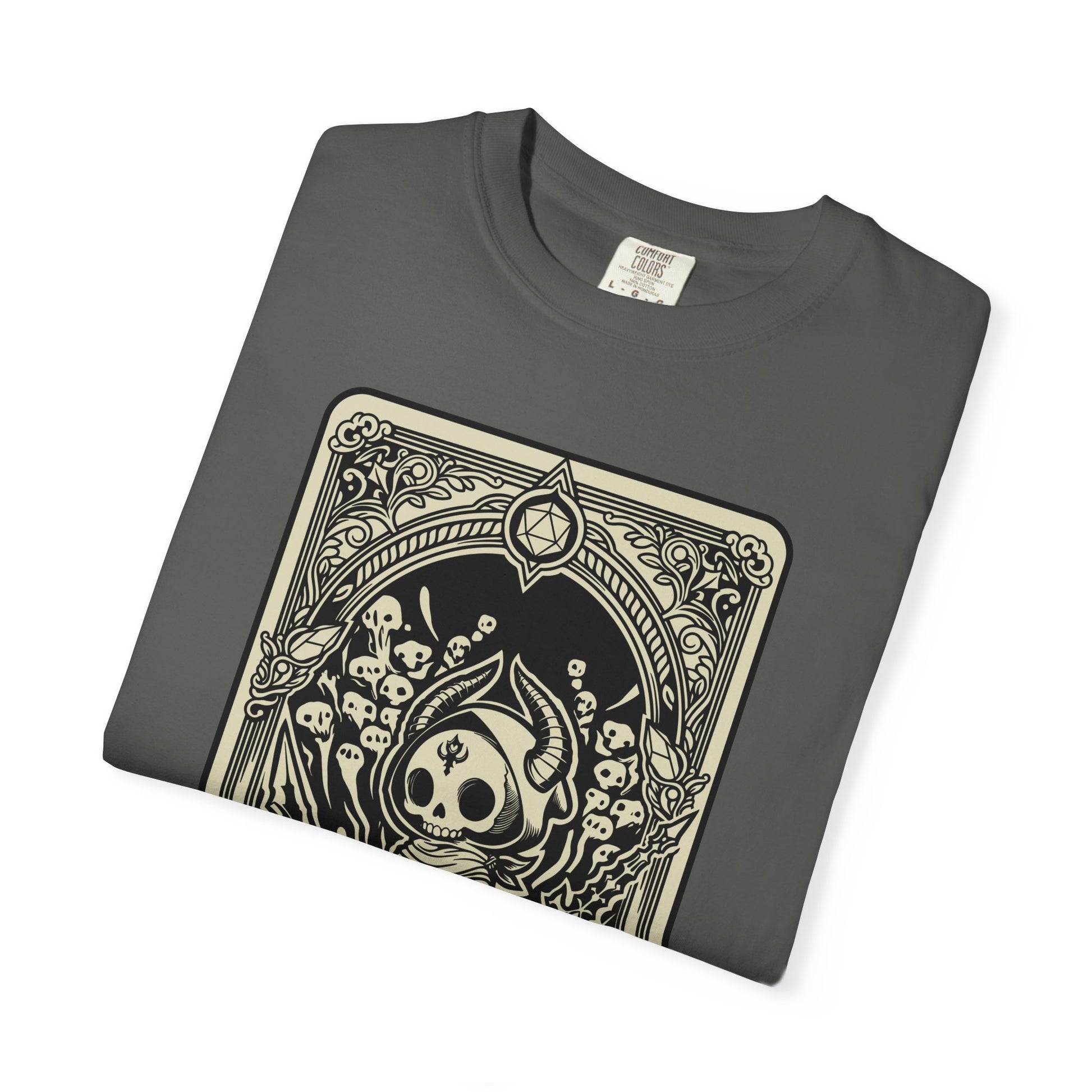 Folded gray t-shirt with a DND Blood Hunter Tarot Card on a white background