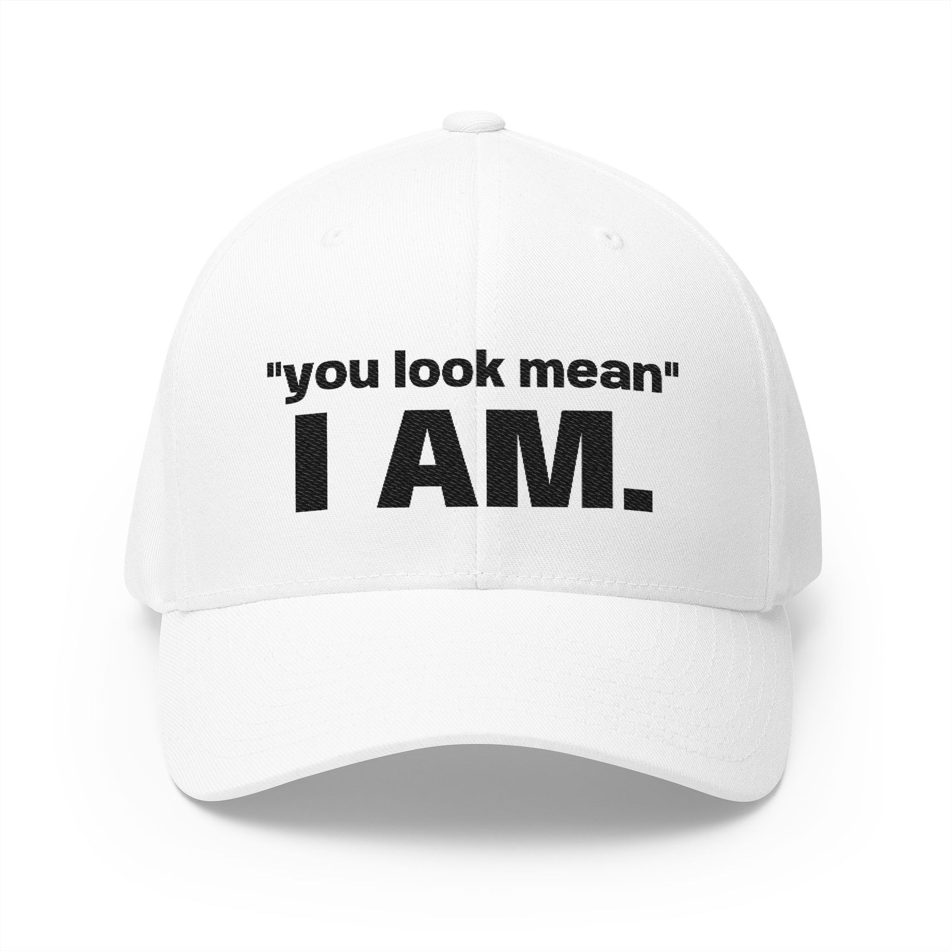 Hat embroidered with “You look mean” and “I am.” text.
