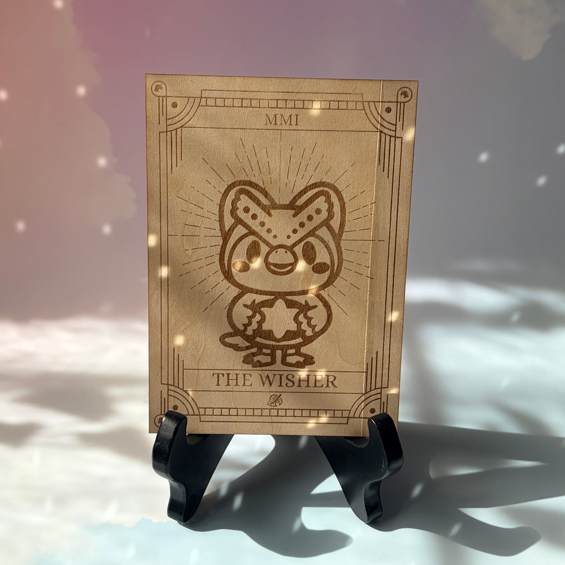Laser-engraved wooden tarot card featuring Celeste as "The Wisher." Inspired by Animal Crossing, perfect for gamers, tarot lovers, and collectors. Cottagecore, cozy gaming decor.