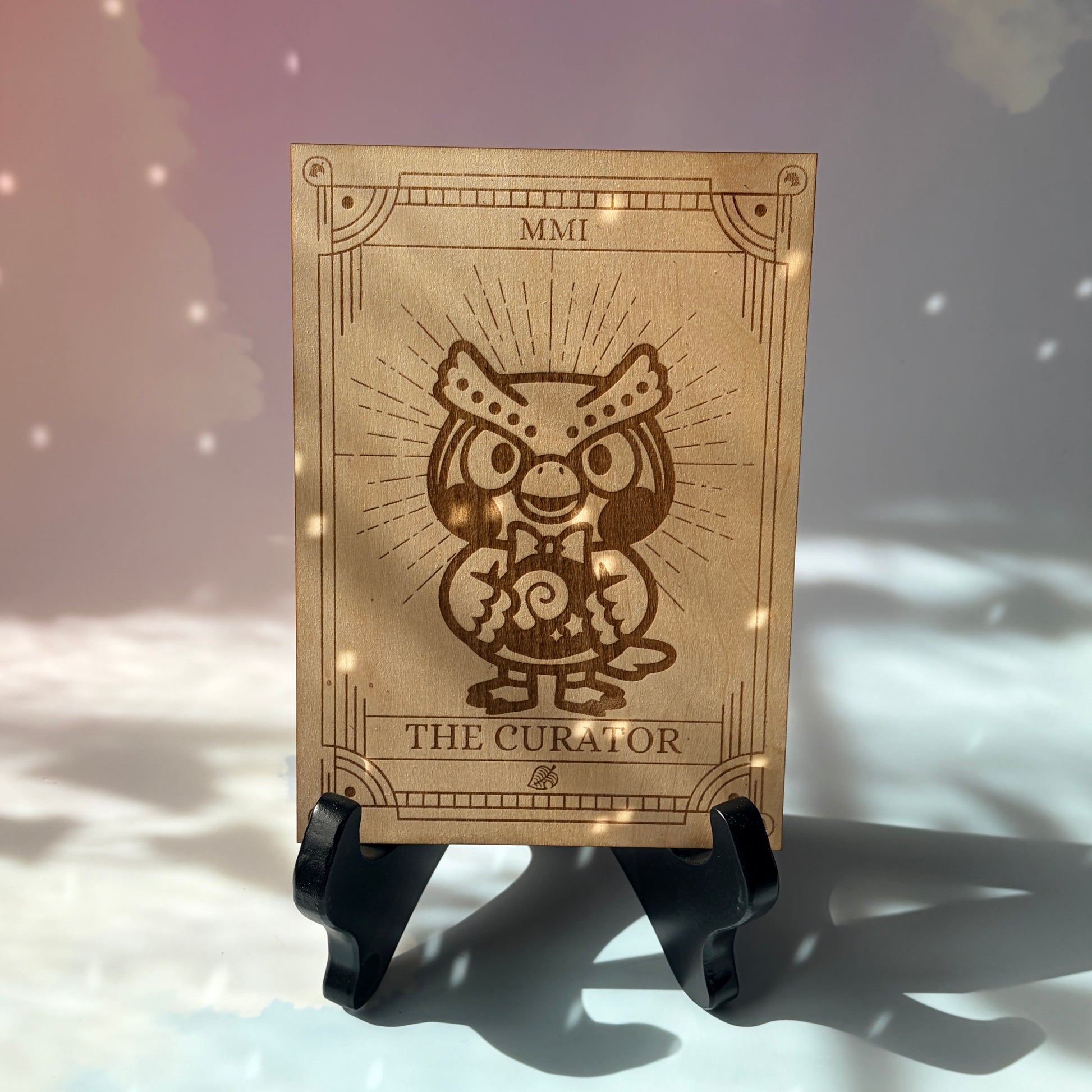 Laser-engraved wooden tarot card featuring Blathers as "The Curator." Inspired by Animal Crossing, perfect for gamers, tarot lovers, and collectors. Cottagecore, cozy gaming decor.